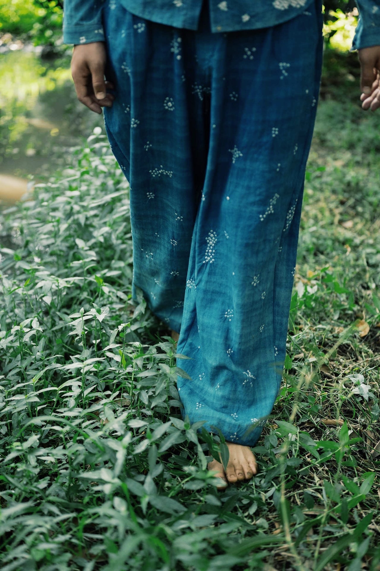 Medium Indigo Wide Legged Pants with Miniature Bandhani