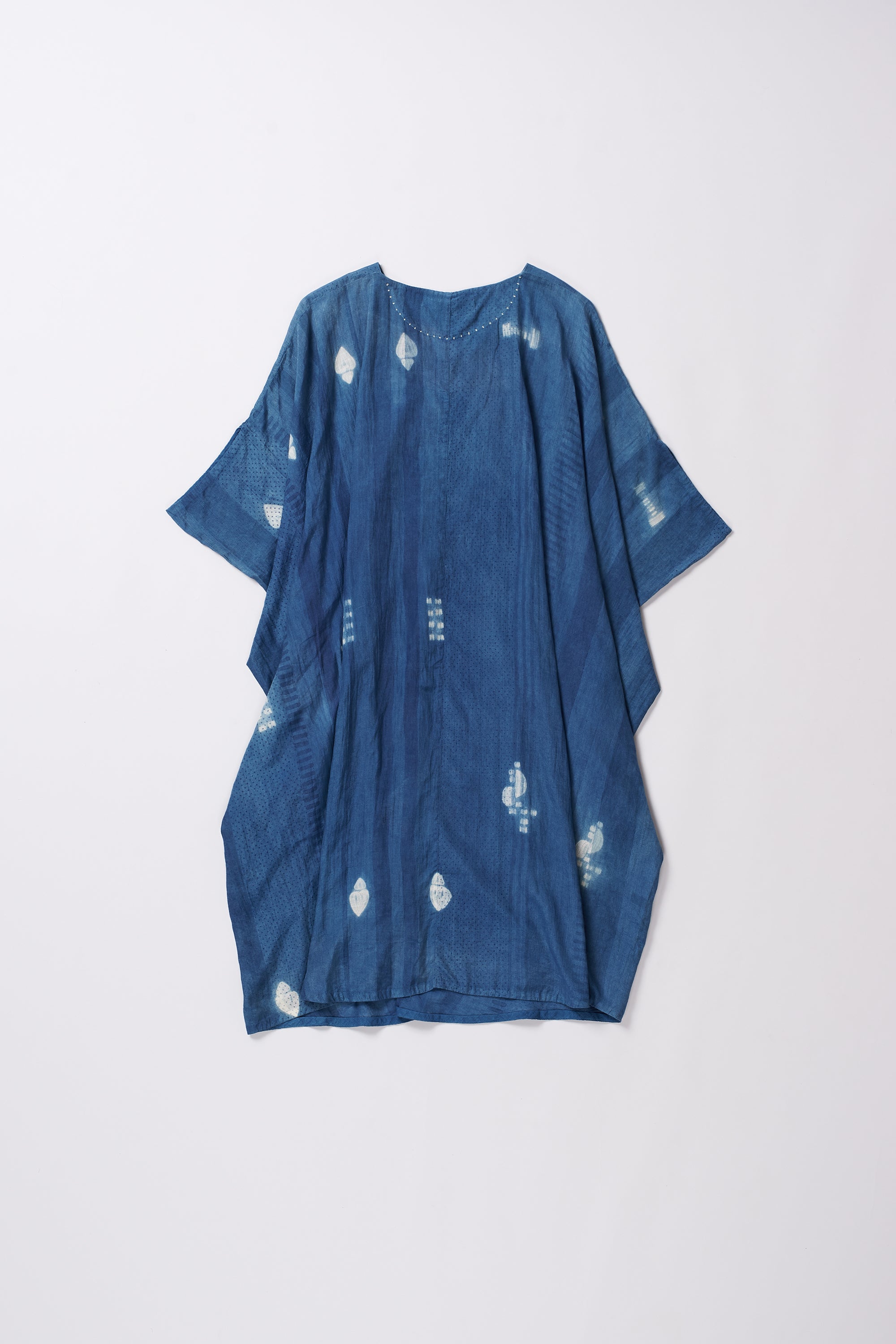 MEDIUM INDIGO BLOCK PRINT KAFTAN COTTON SILK WOMEN'S DRESS