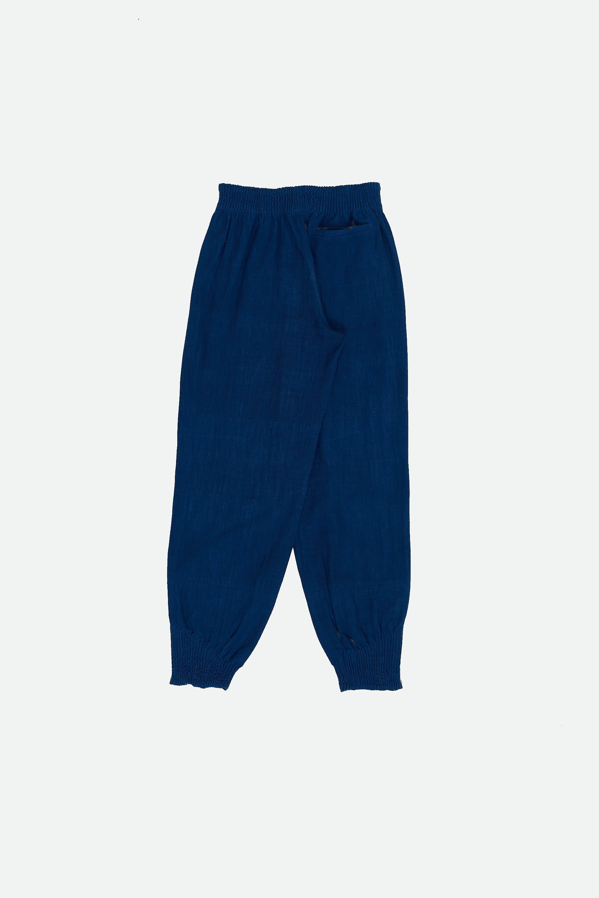 Back image of a medium indigo cotton pant