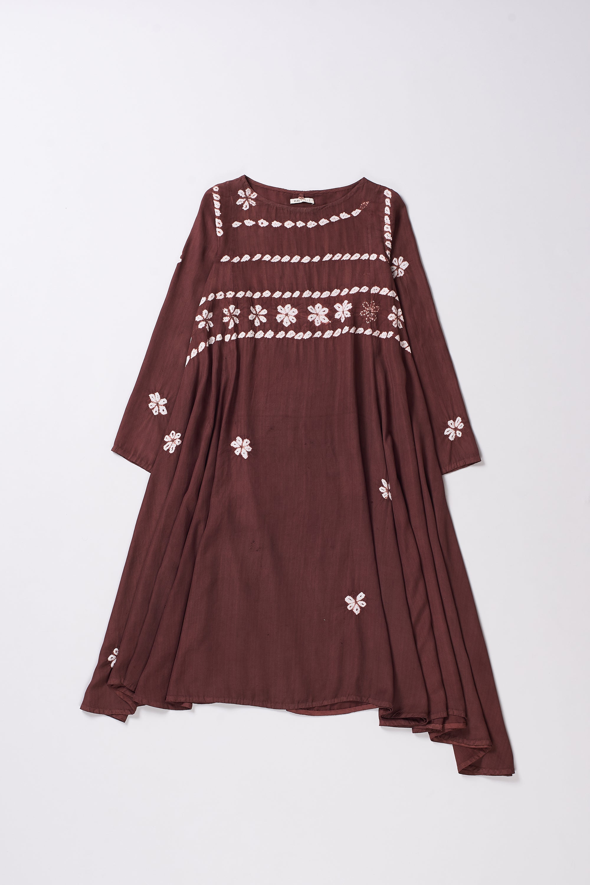 ASYMMETRICAL BANDHANI SILK DRESS IN BURNT UMBER