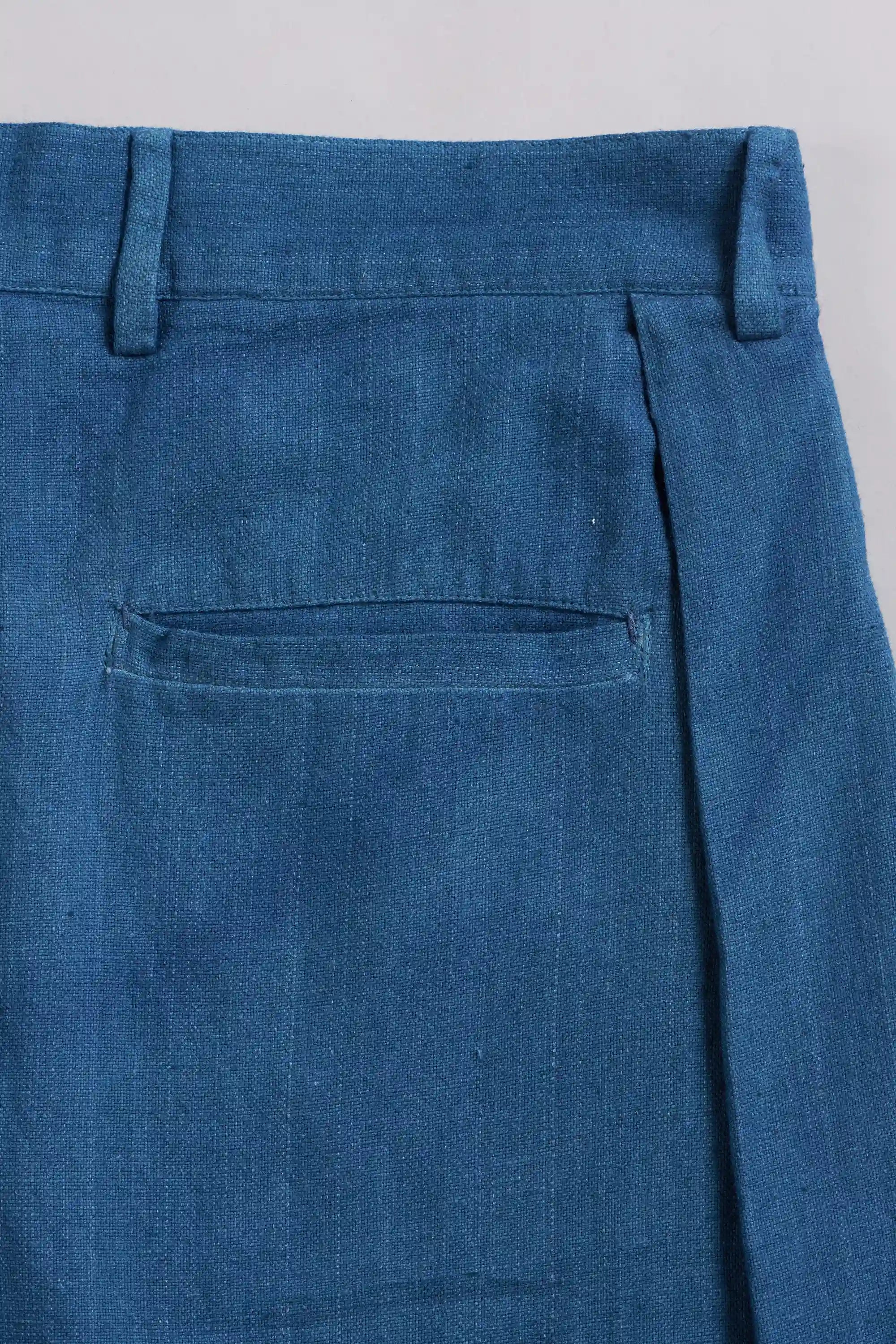 Medium Indigo Pleated Cotton Trousers