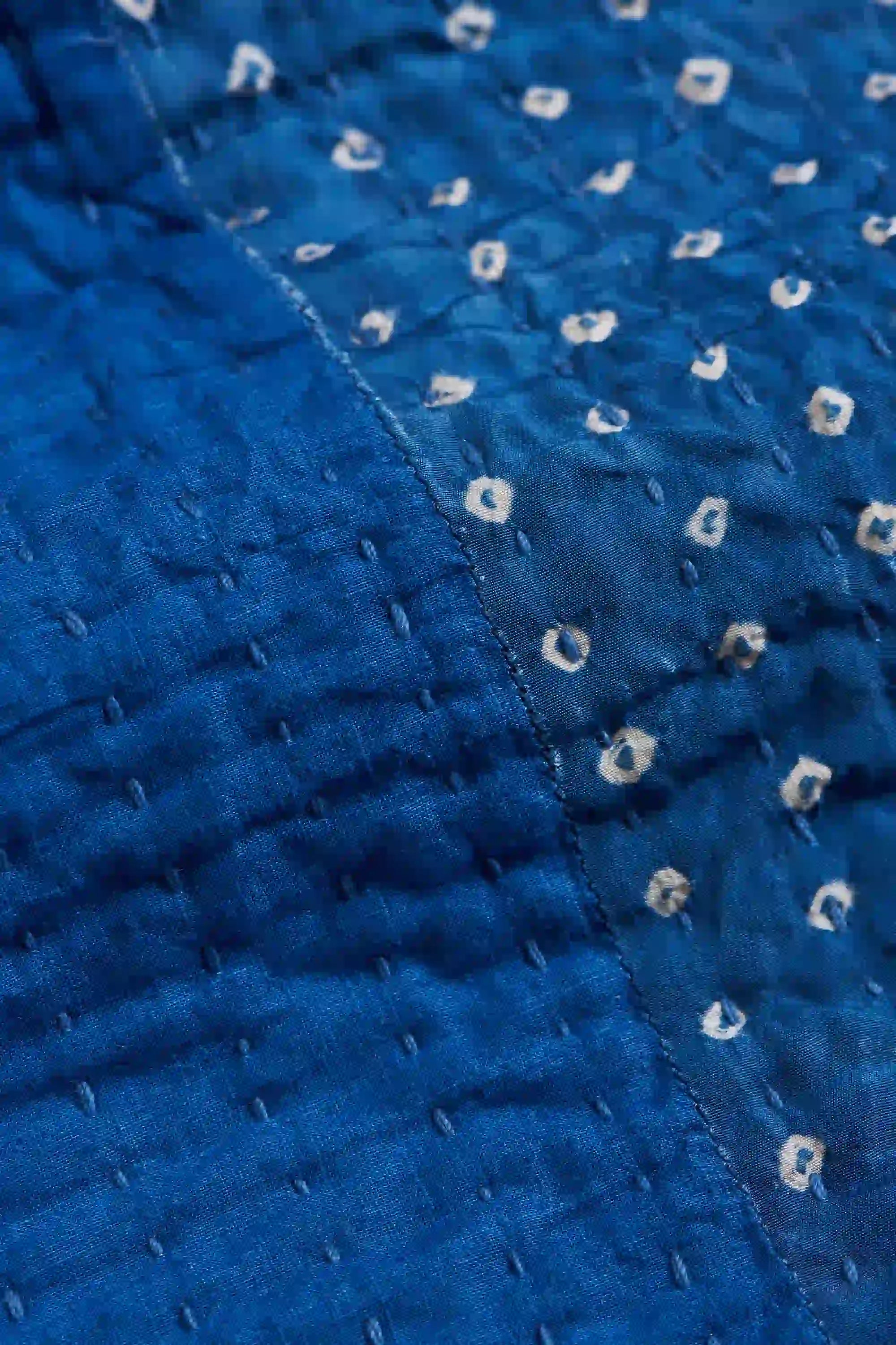 Close-up of blue fabric with white patterns