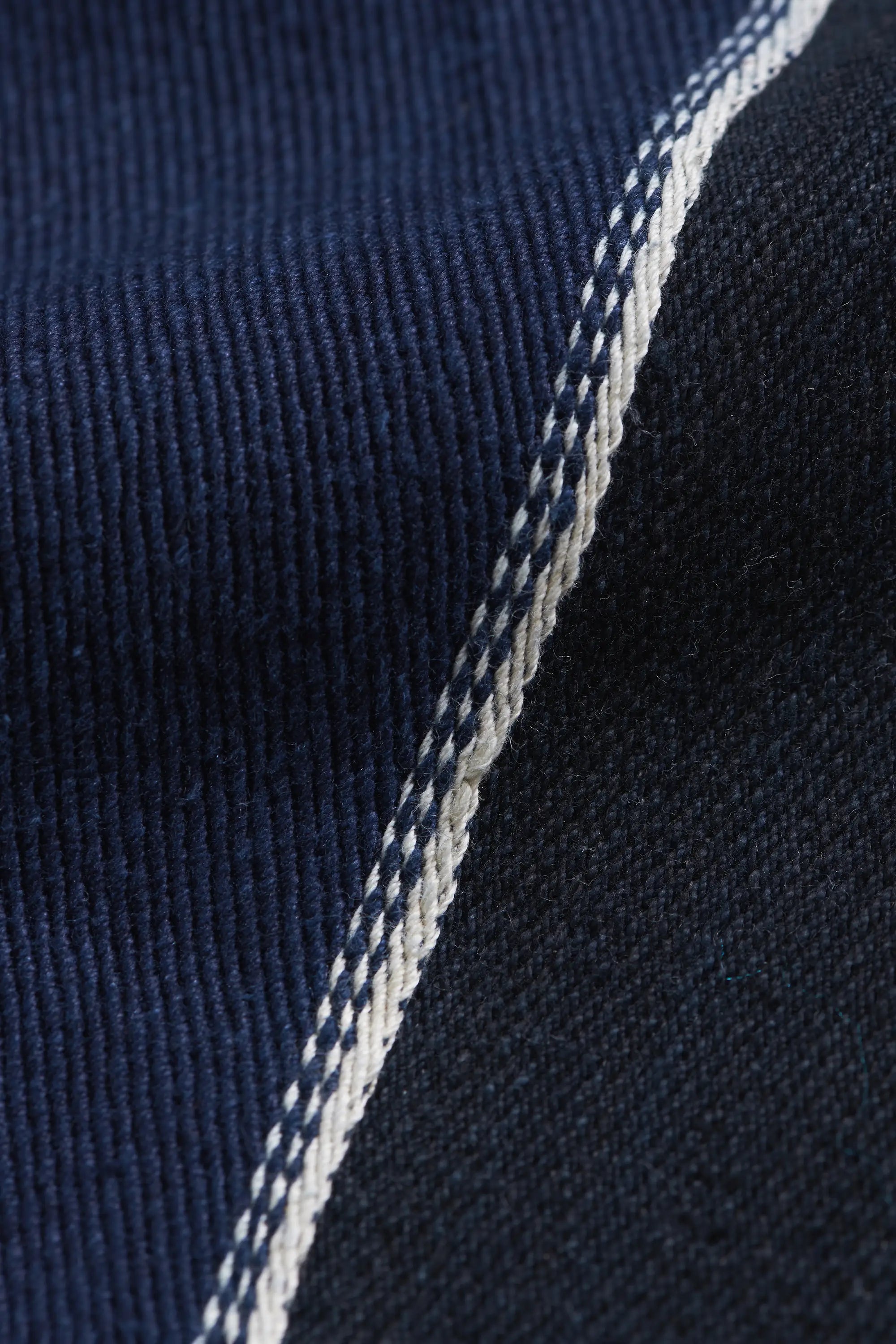 Close-up of indigo fabric with white stitching detail