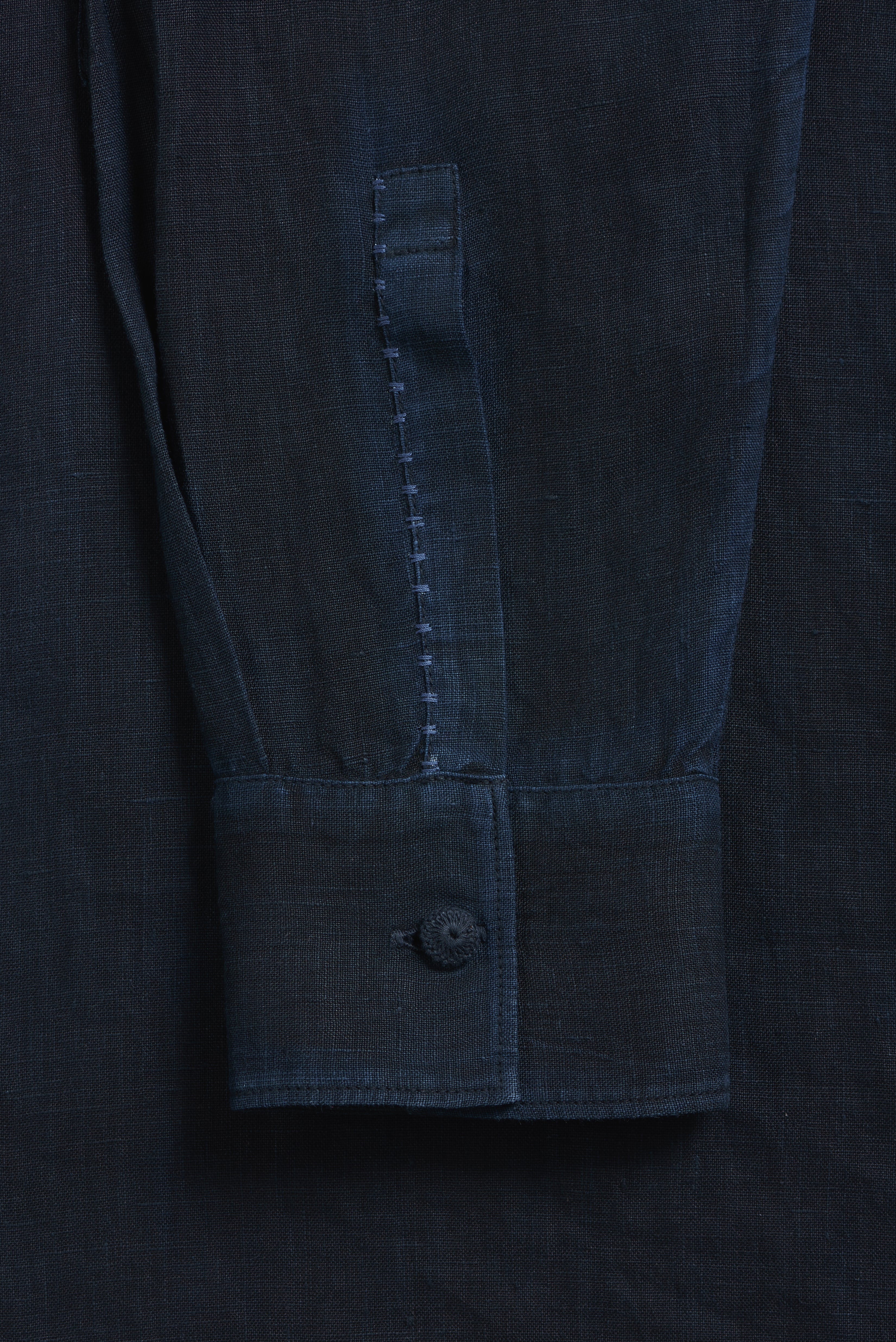 Close-up of a dark blue shirt with a button and cuff detail.