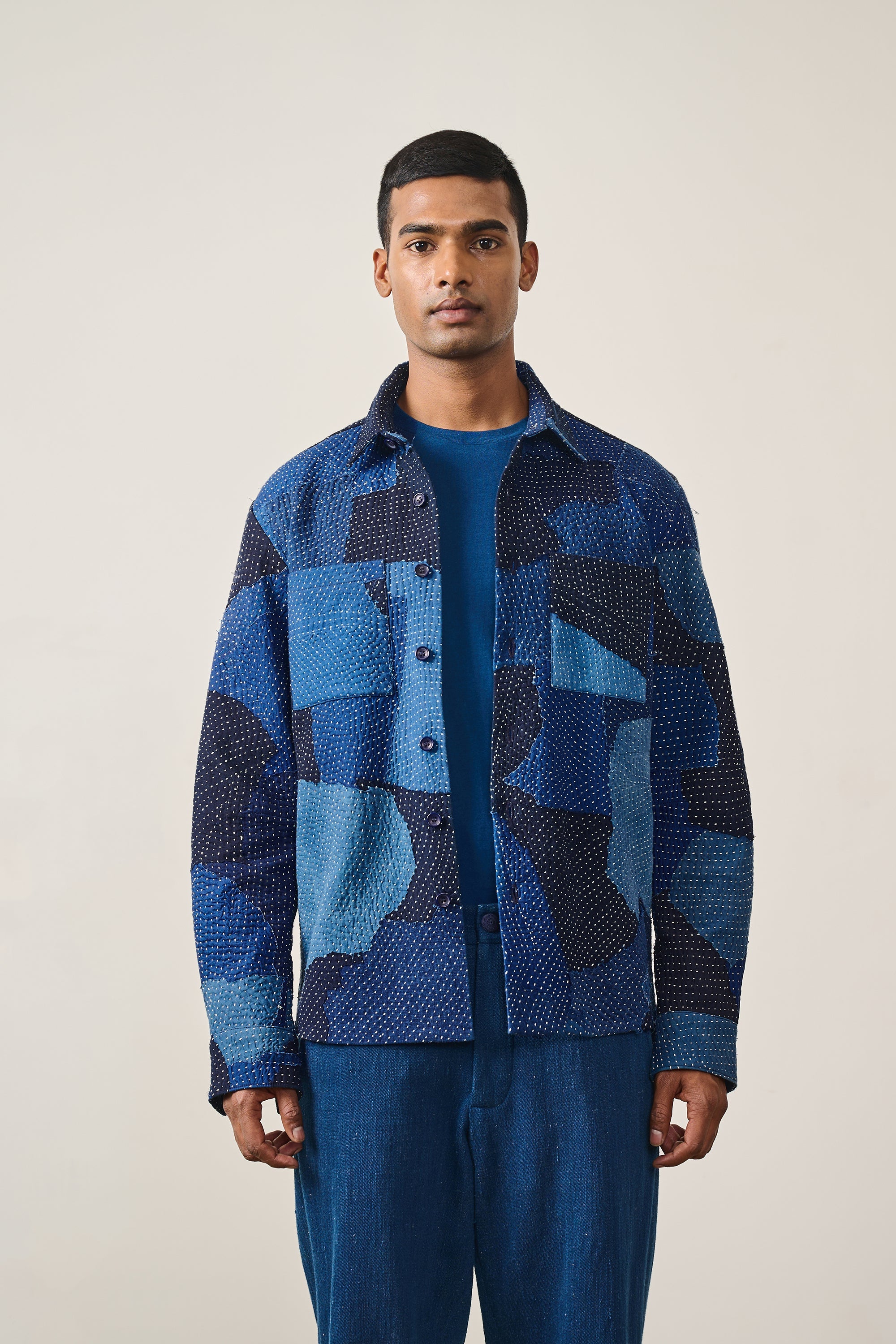 Indigo Cotton Kantha Patchwork Shirt