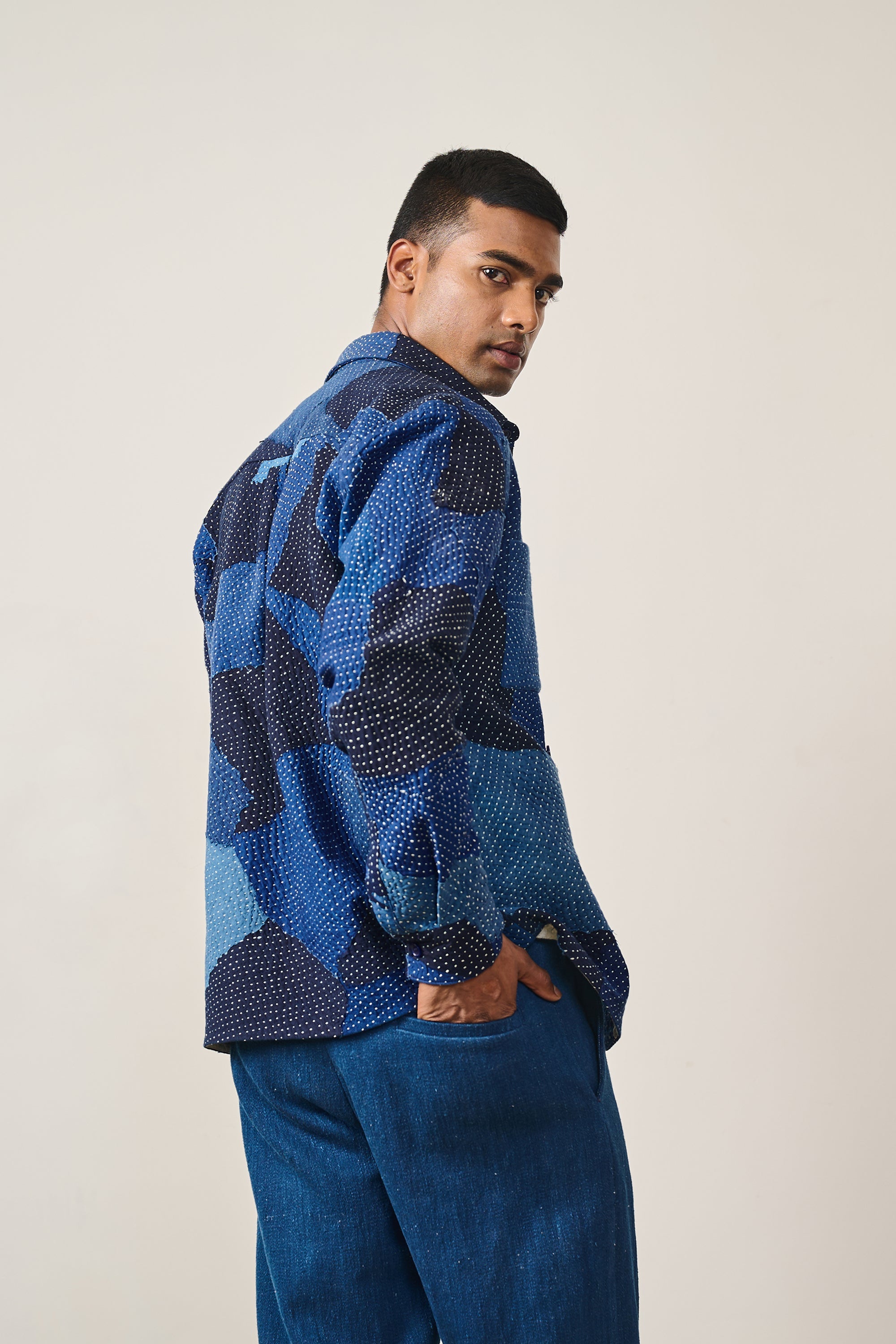 Indigo Cotton Kantha Patchwork Shirt