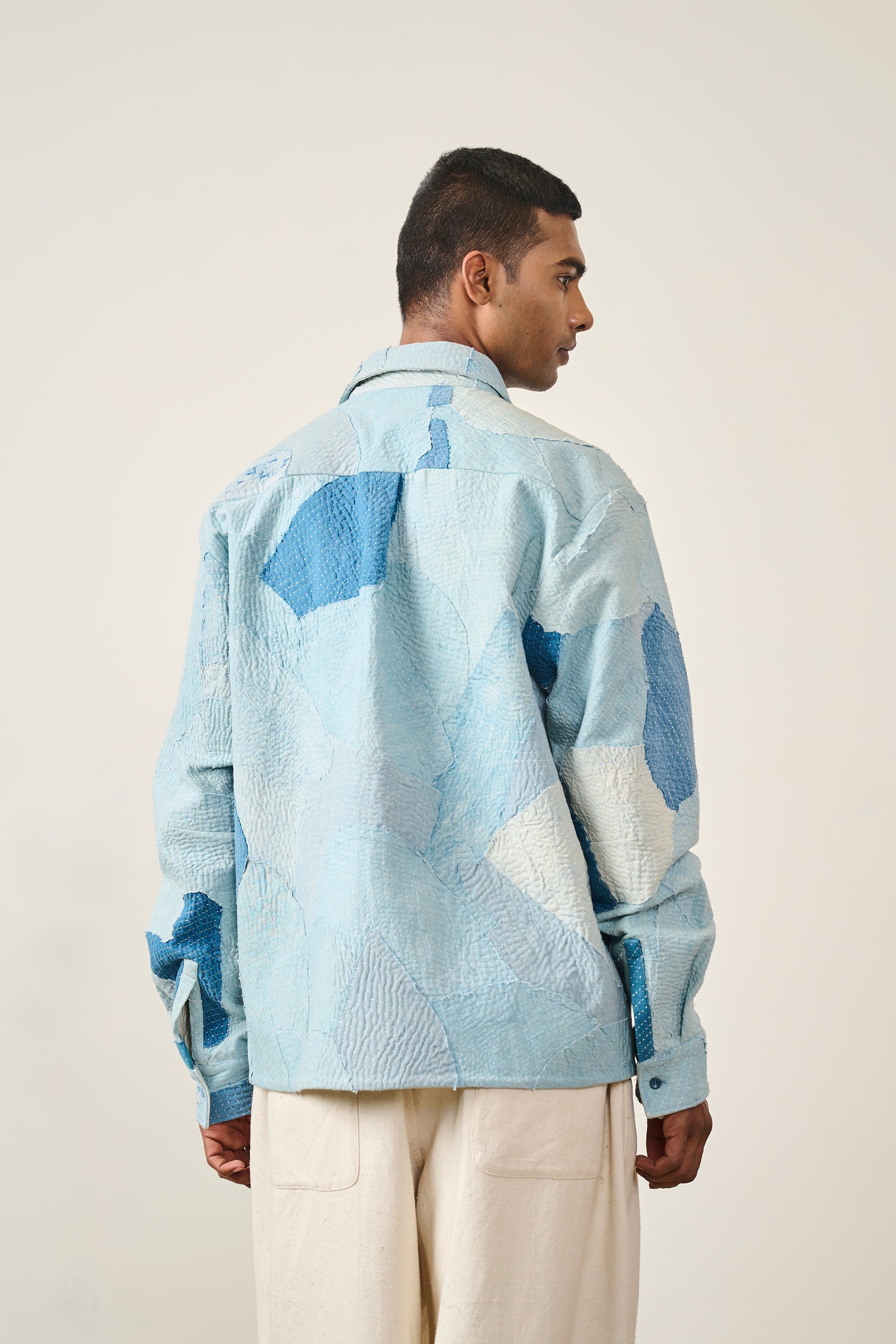 SKY INDIGO COTTON KANTHA PATCHWORK SHIRT