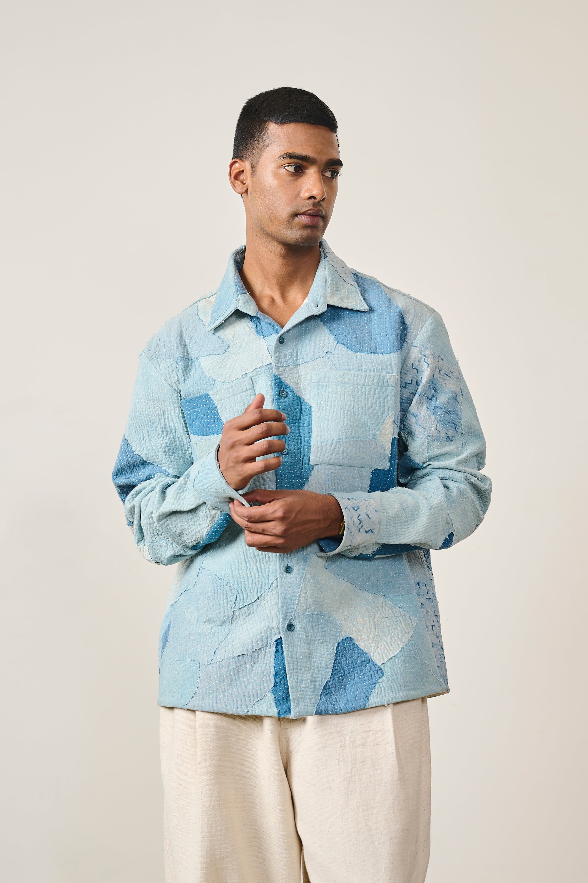 SKY INDIGO COTTON KANTHA PATCHWORK SHIRT