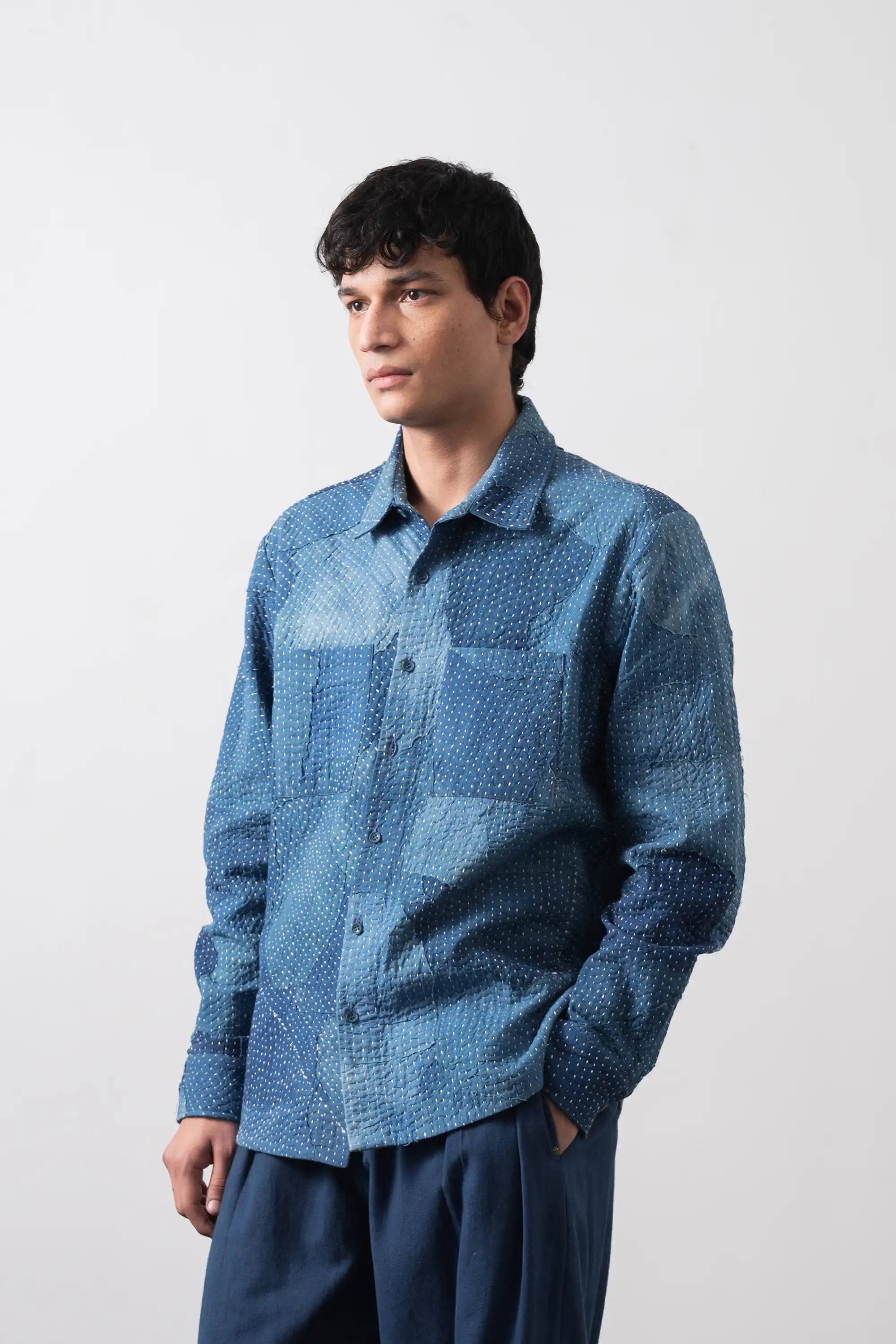 Kantha Patchwork Relaxed Shirt in Medium Indigo