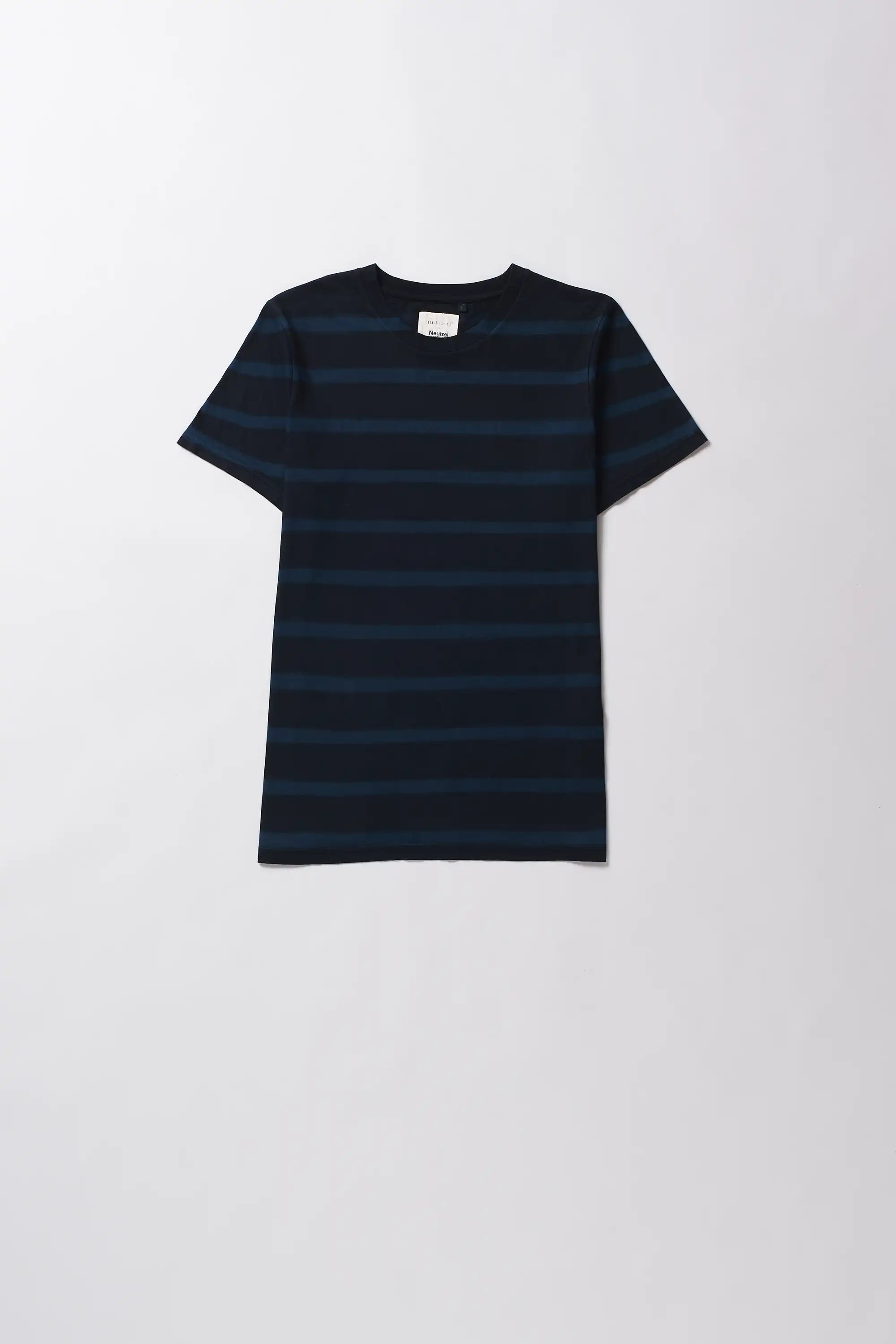 Black striped t-shirt on a light grey background