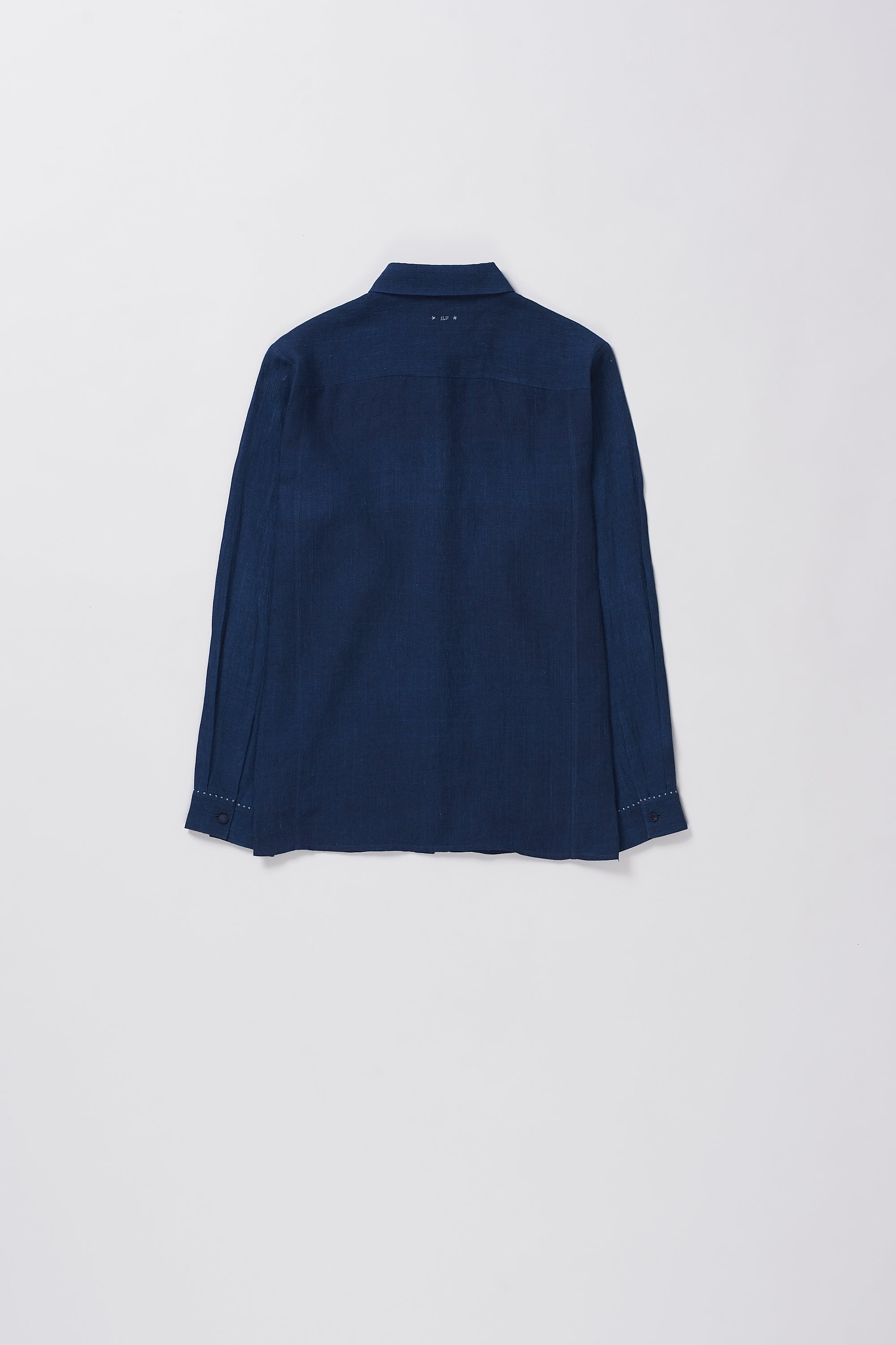 Back image of a indigo linen shirt