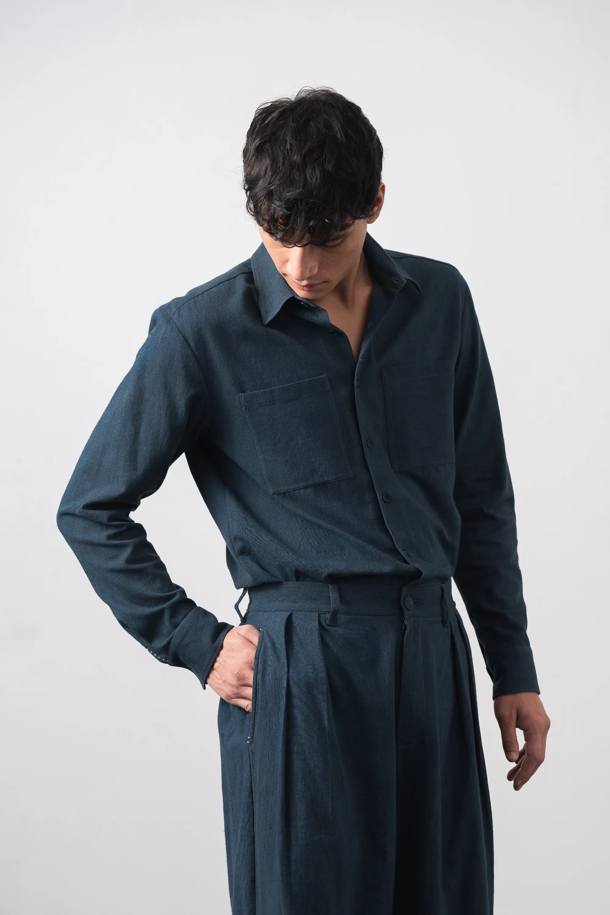 Pleated Wide Leg Trousers in Black Indigo