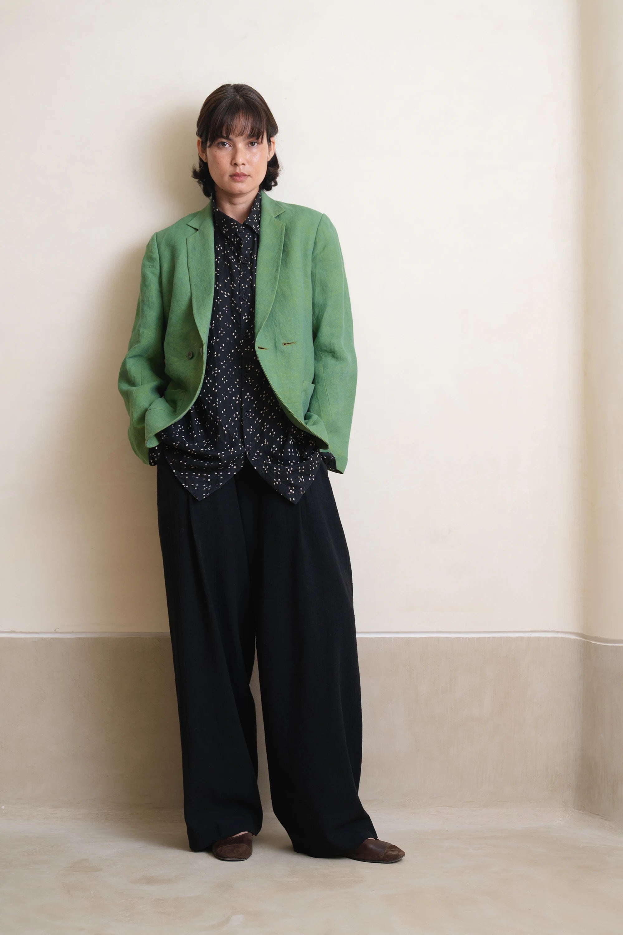 Turf Green Detailed Linen Jacket