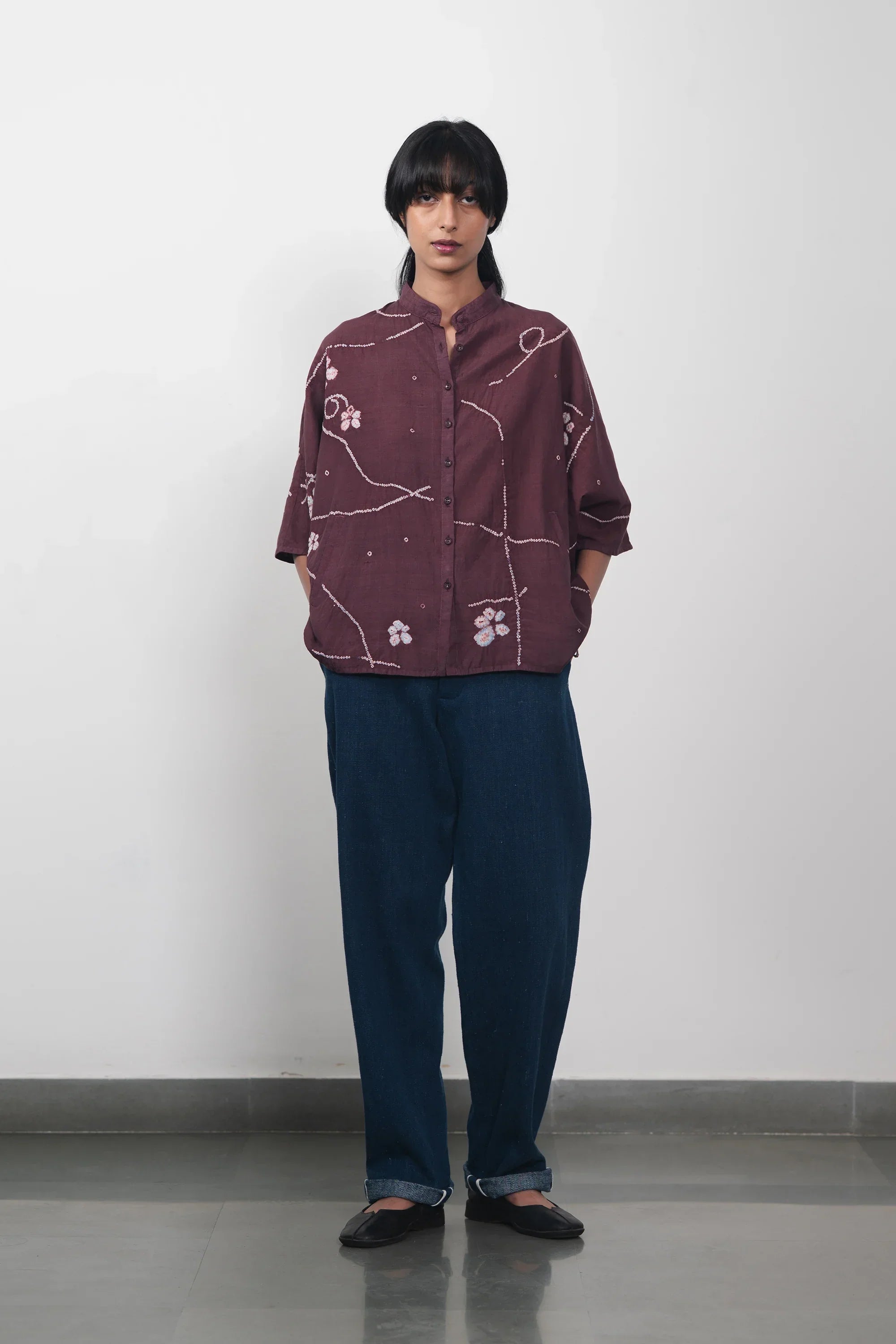 Purple Red Cotton Silk Bandhani Shirt