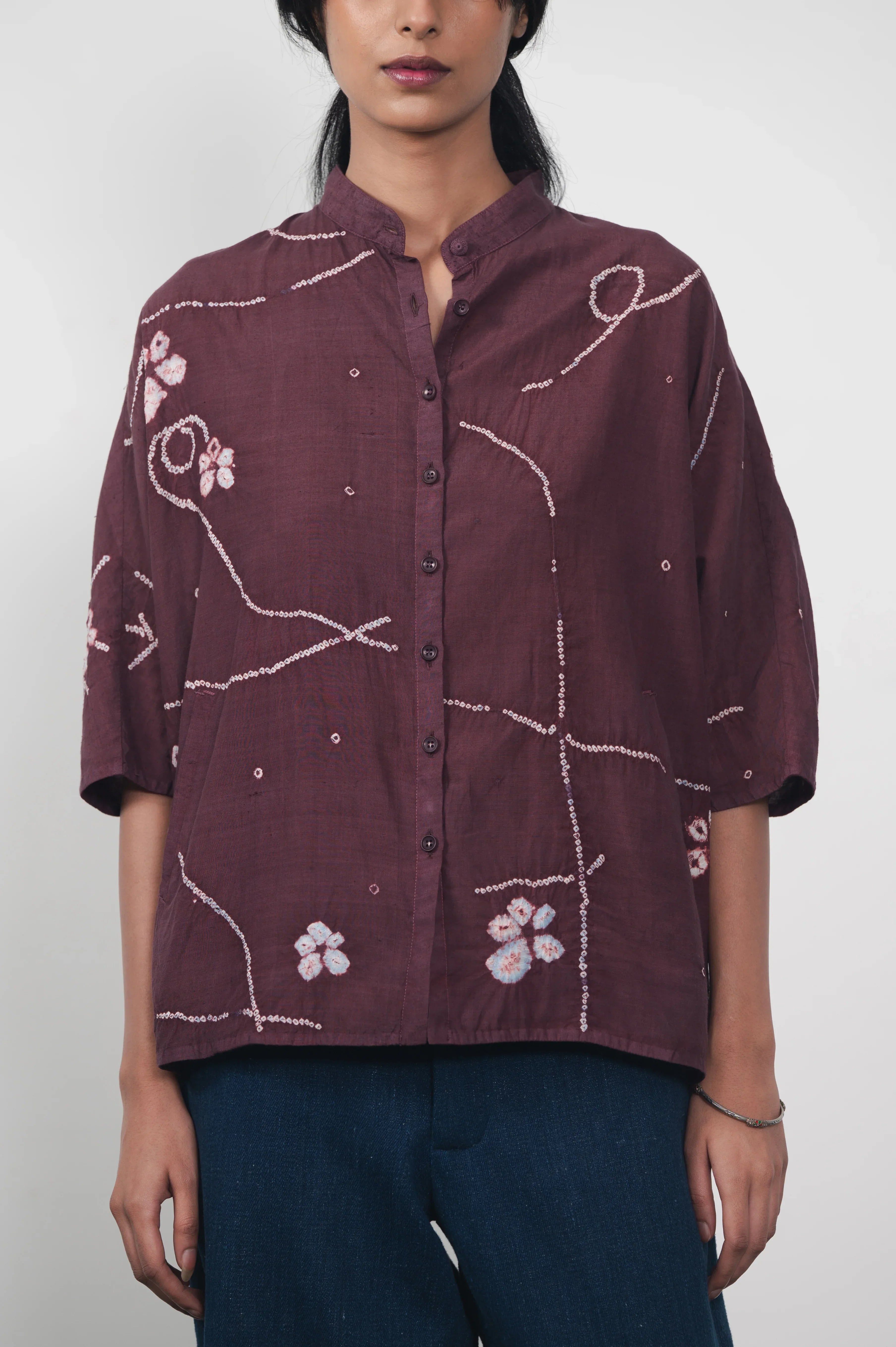 Purple Red Cotton Silk Bandhani Shirt