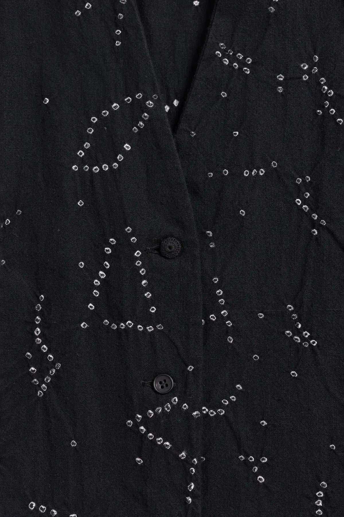 Close-up of a black button-front garment with v neckline.