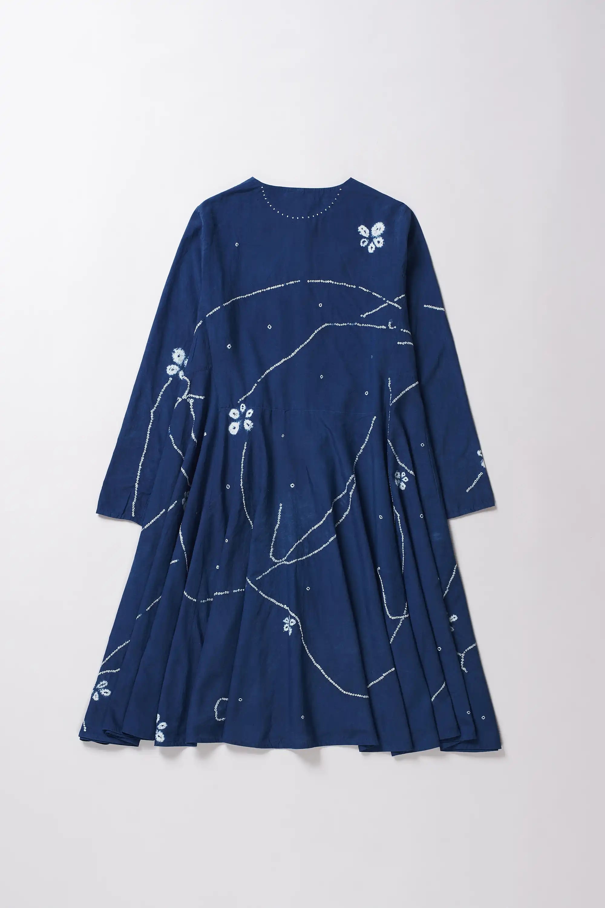 Back shot of medium indigo bandhani dress