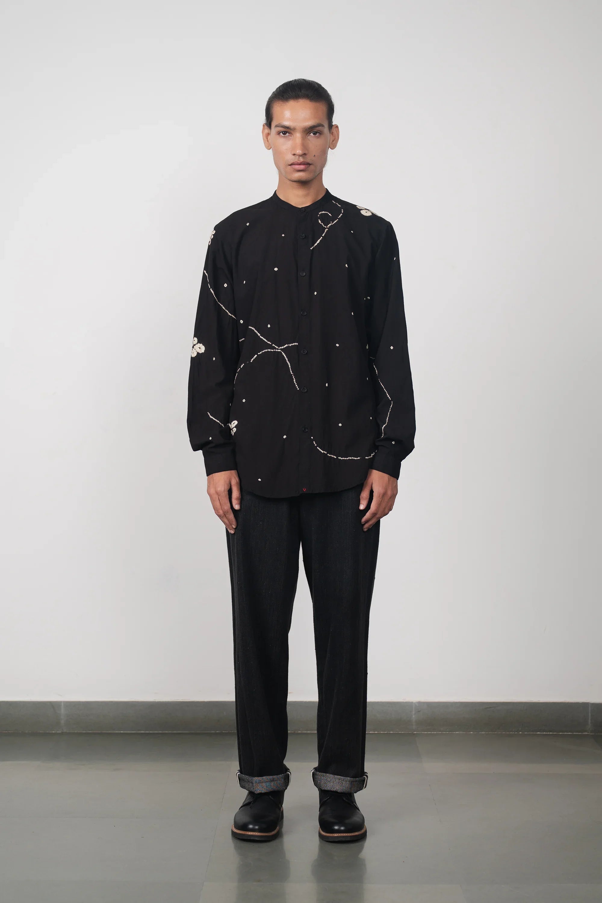 Black Band Collar Bandhani Shirt