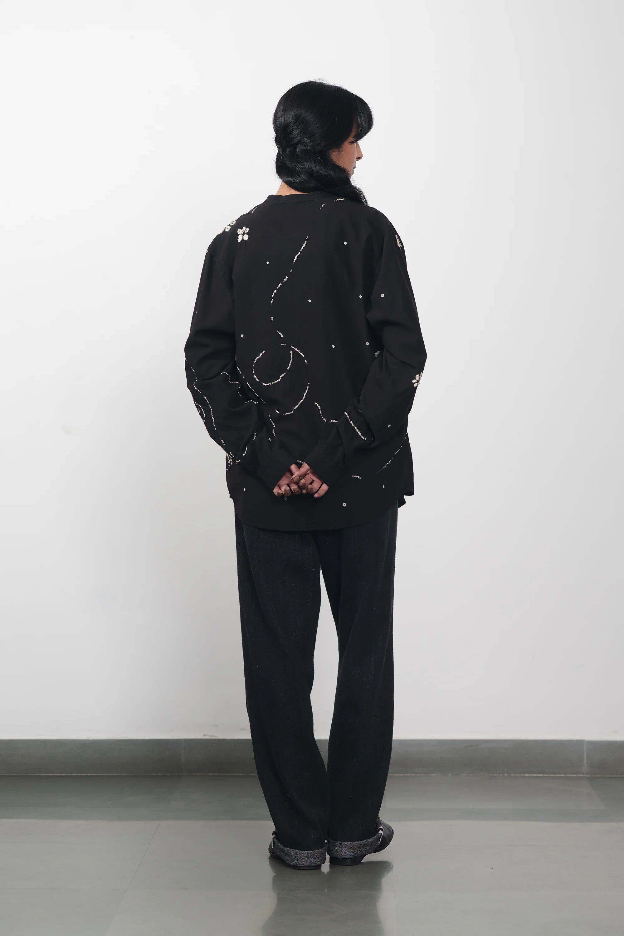 Band Collar Bandhani Shirt in Black