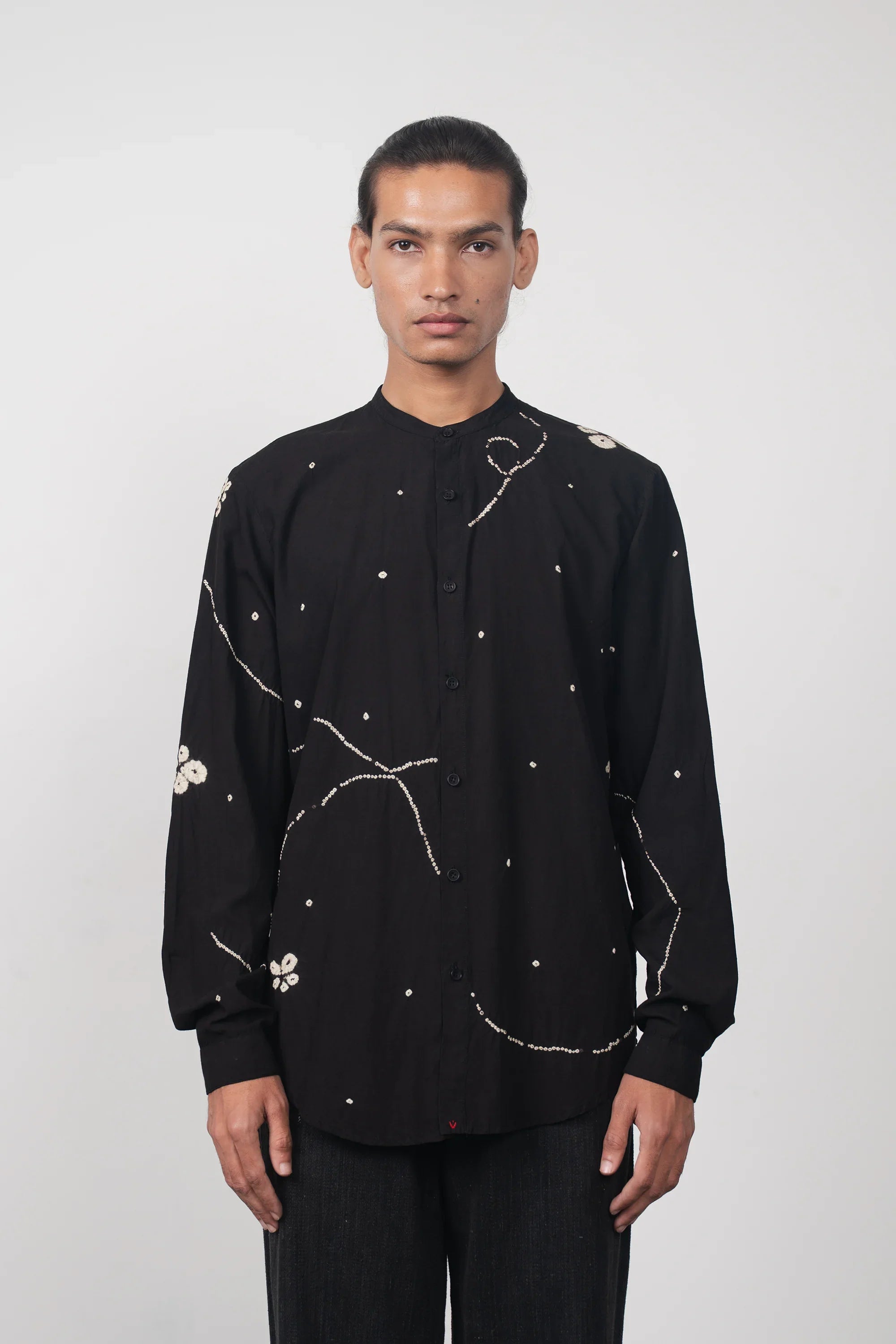 Black Band Collar Bandhani Shirt