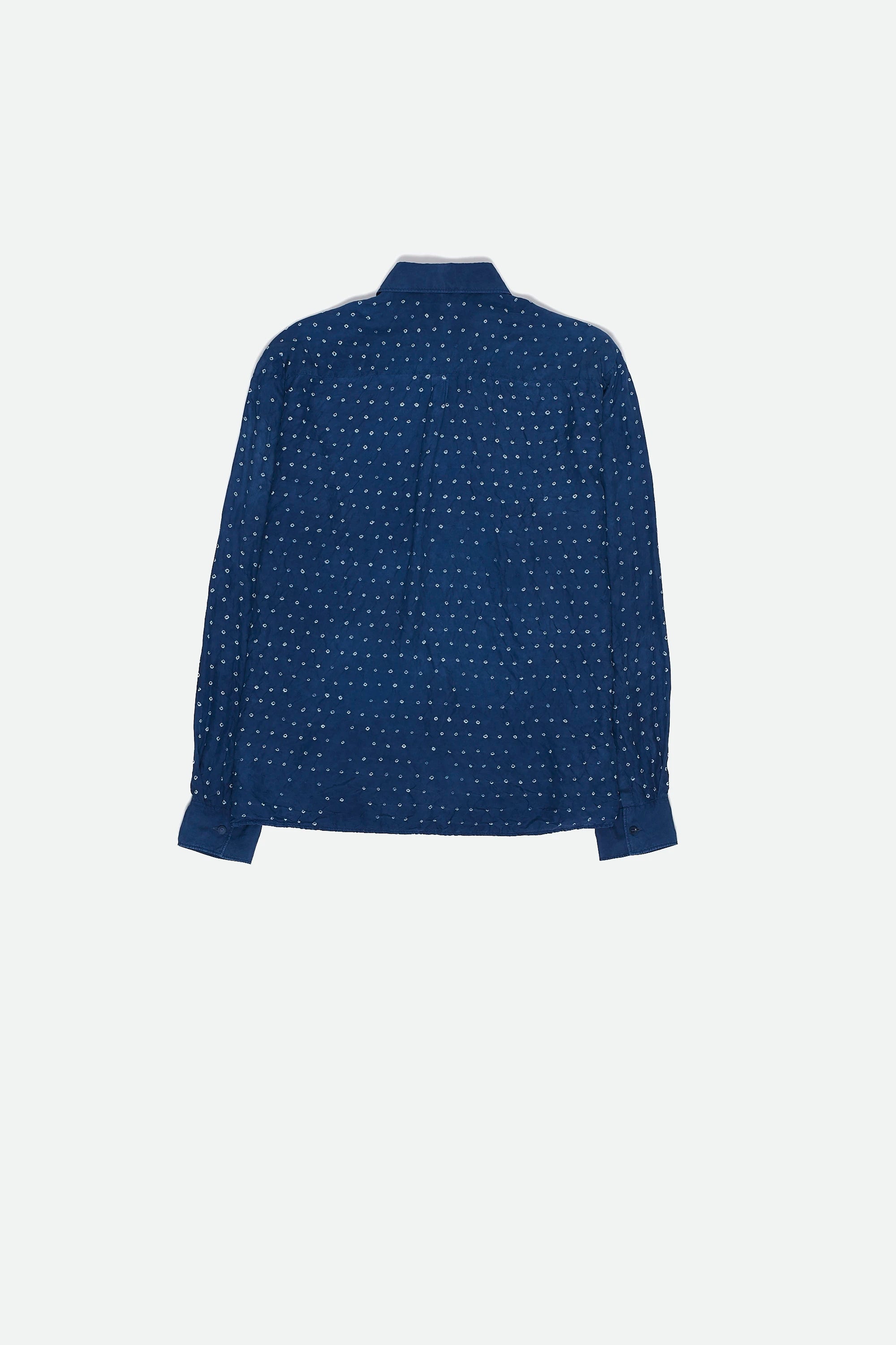 Back image of medium indigo shirt with bandhani