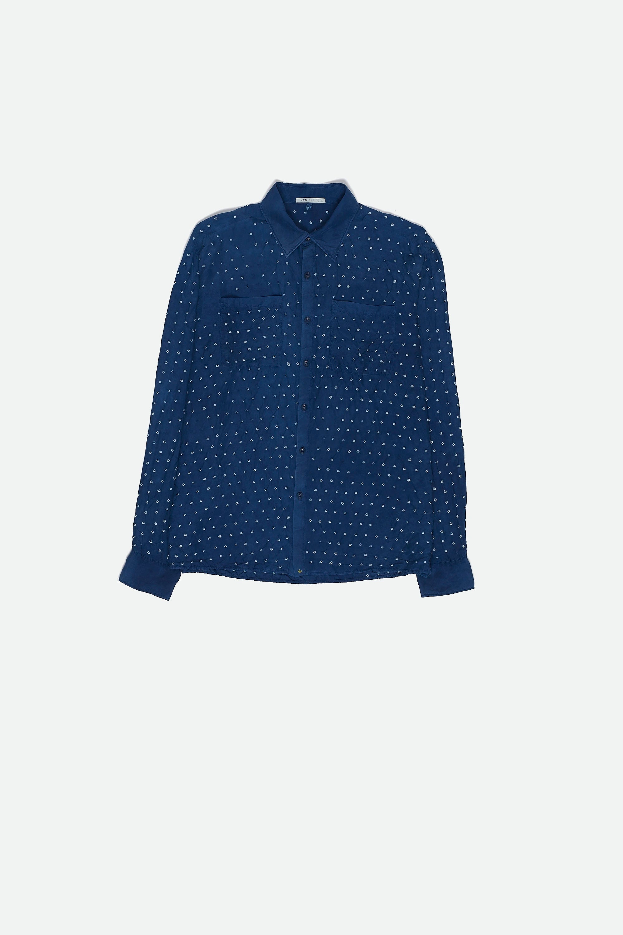 Front image of medium indigo silk shirt with bandhani