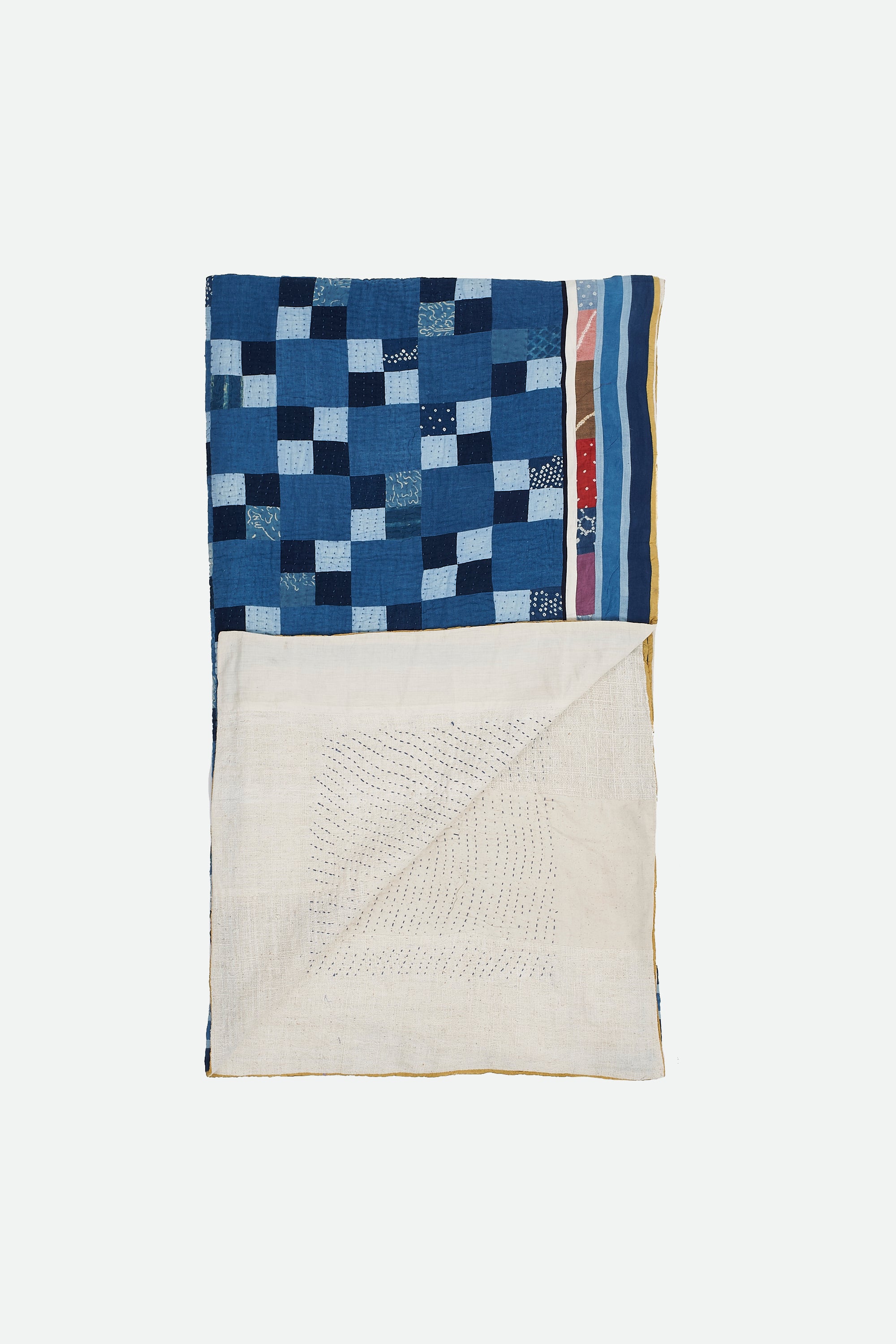 Hand Embroidered Patchwork Quilt in Shades of Indigo