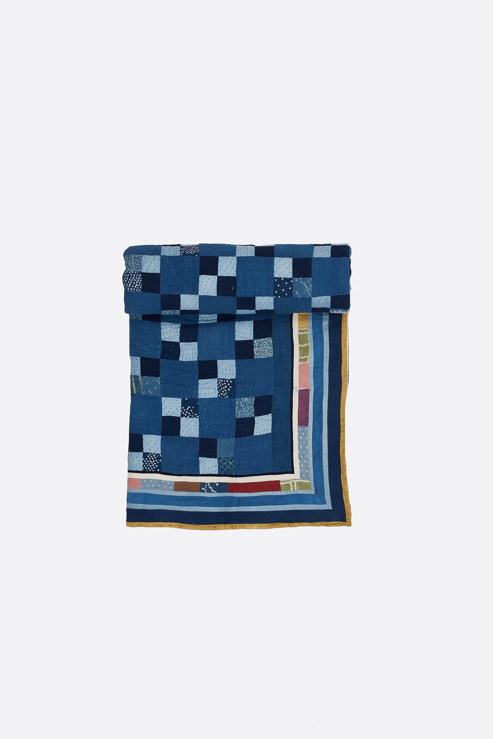 Hand Embroidered Patchwork Quilt in Shades Of Indigo