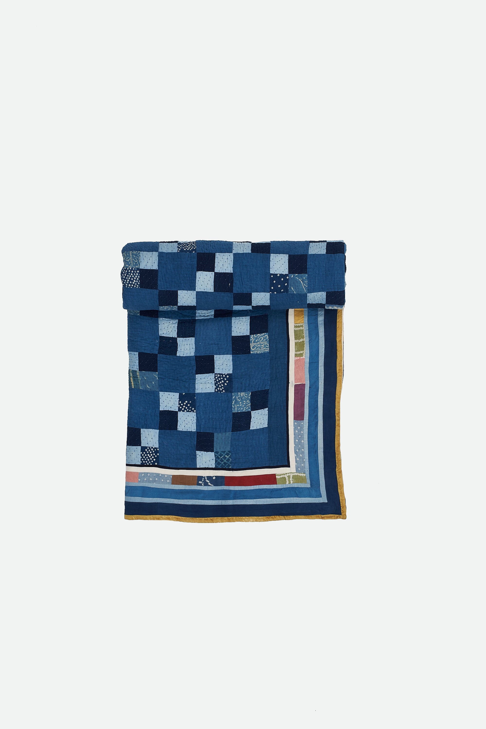 Hand Embroidered Patchwork Quilt in Shades of Indigo