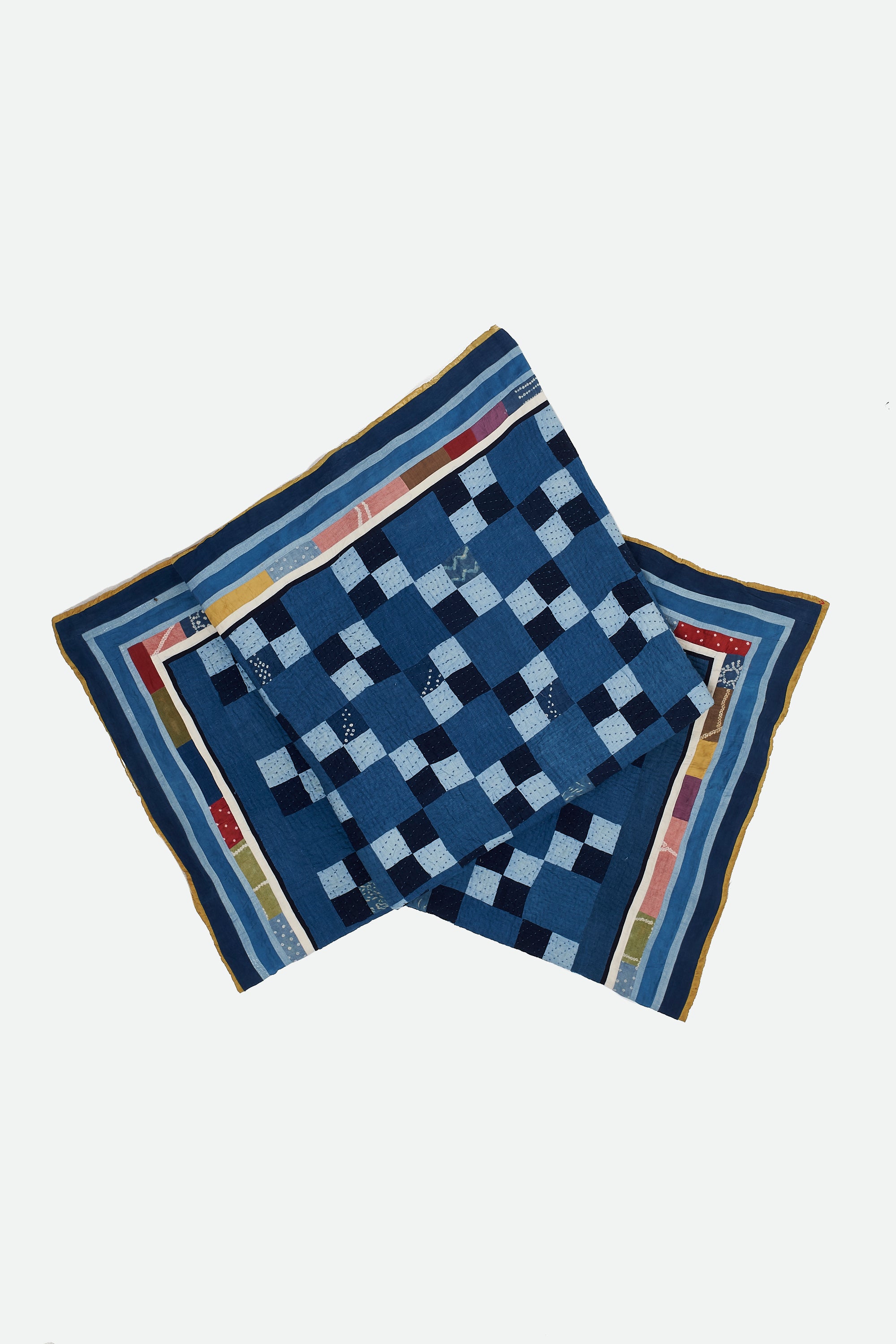 Hand Embroidered Patchwork Quilt in Shades of Indigo