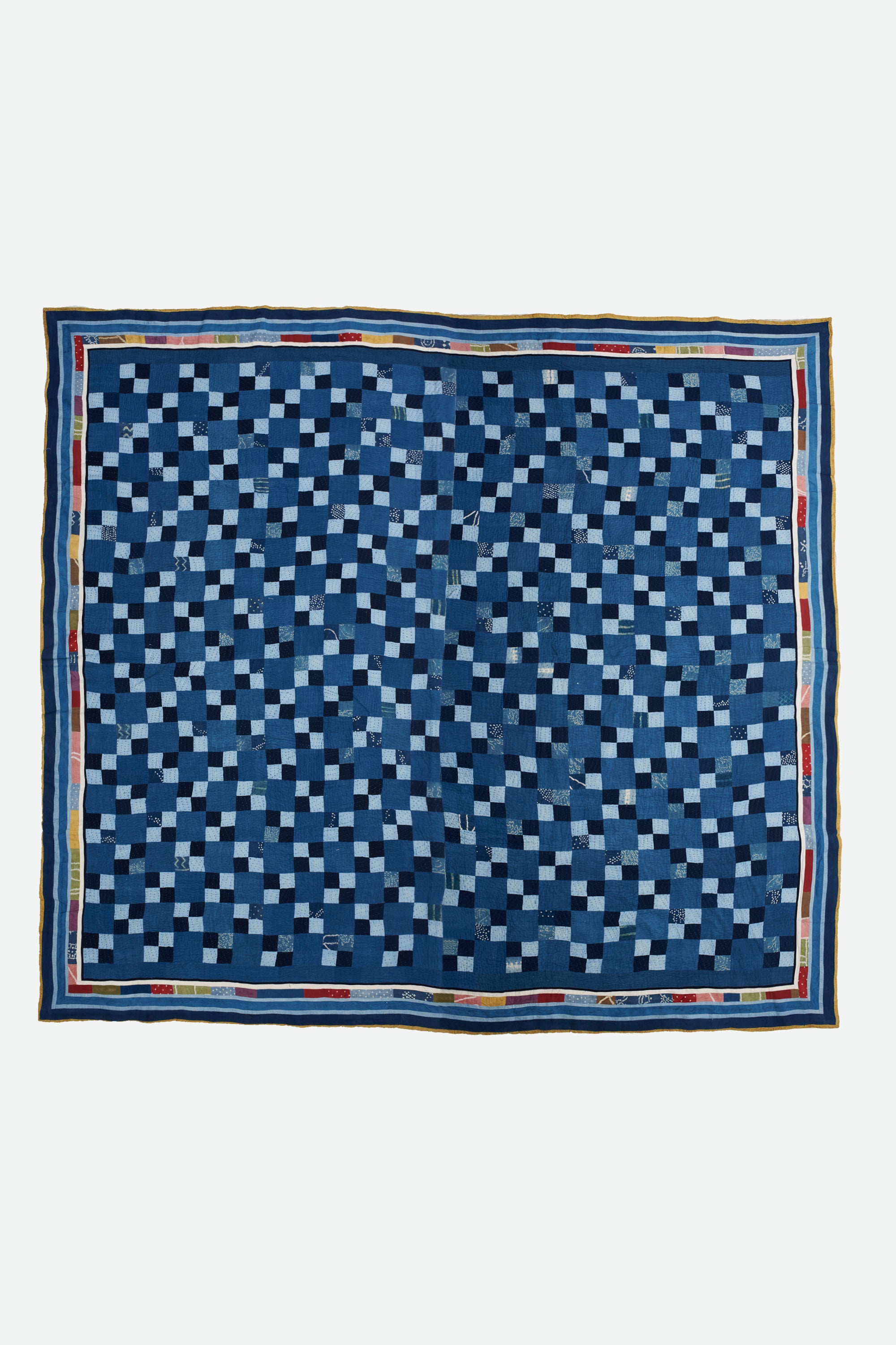 Hand Embroidered Patchwork Quilt in Shades of Indigo