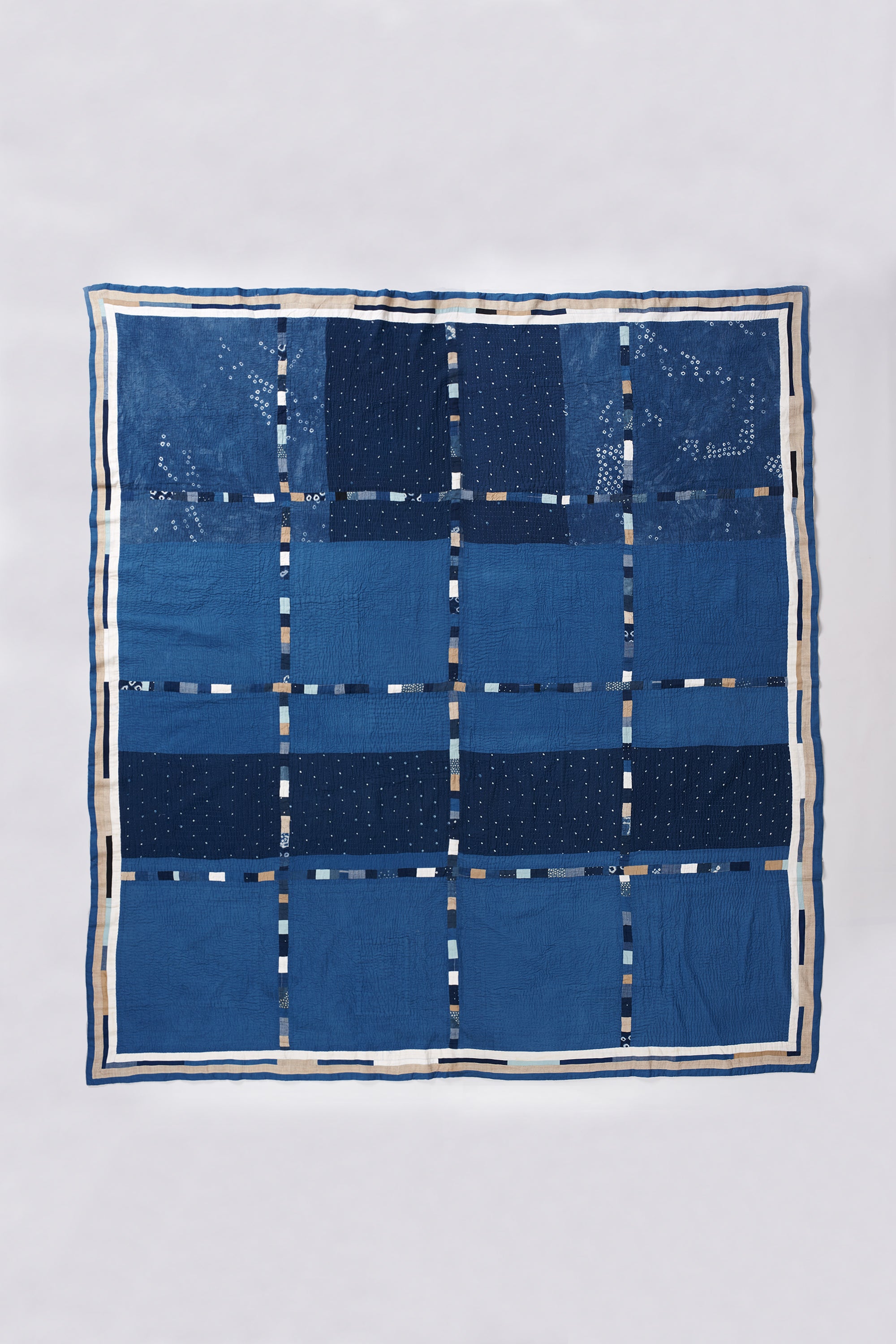 Hand Embroidered Patchwork Quilt in Shades Of Indigo