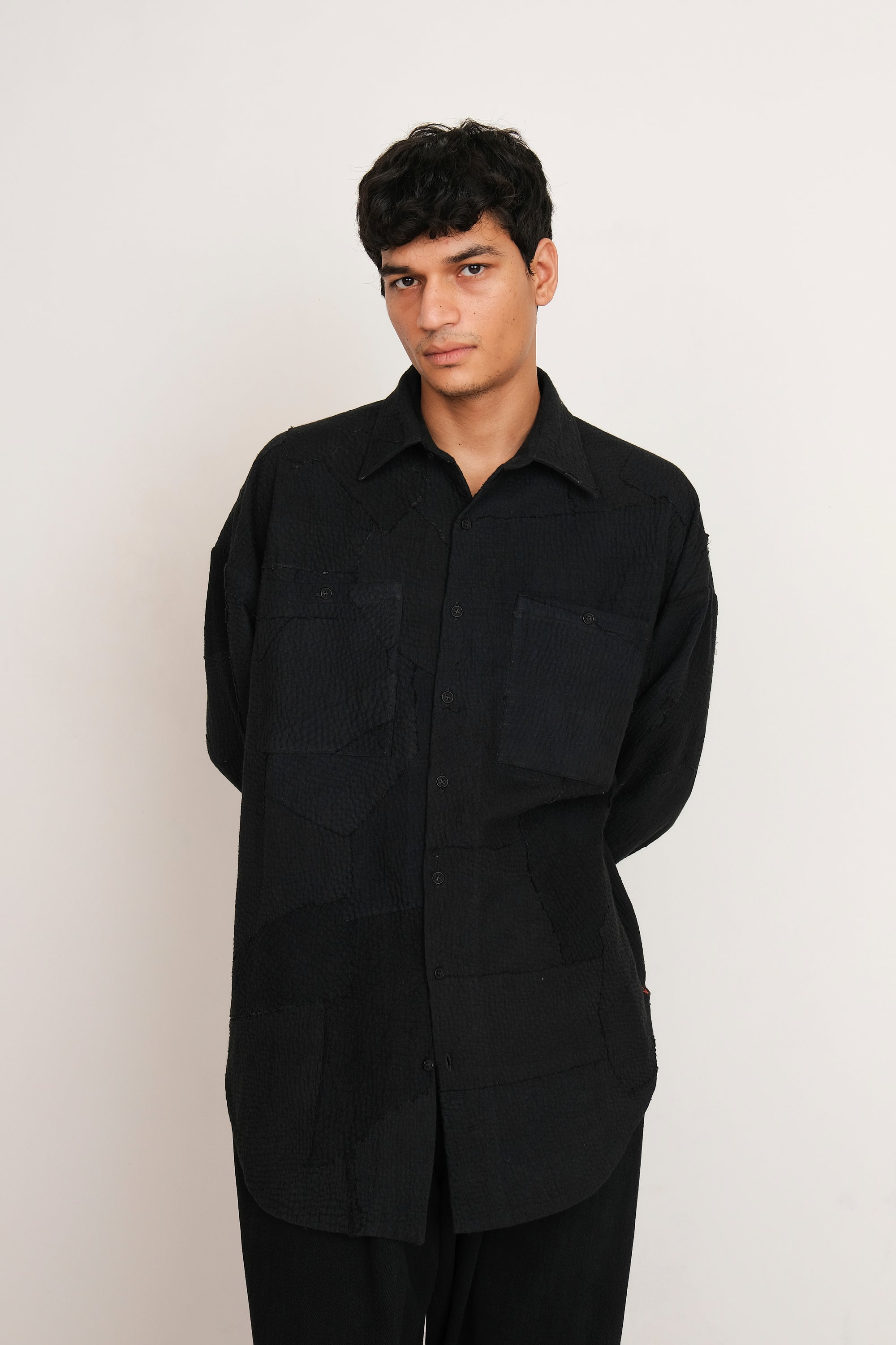 BLACK PATCHWORK STATEMENT OVERSIZED SHIRT