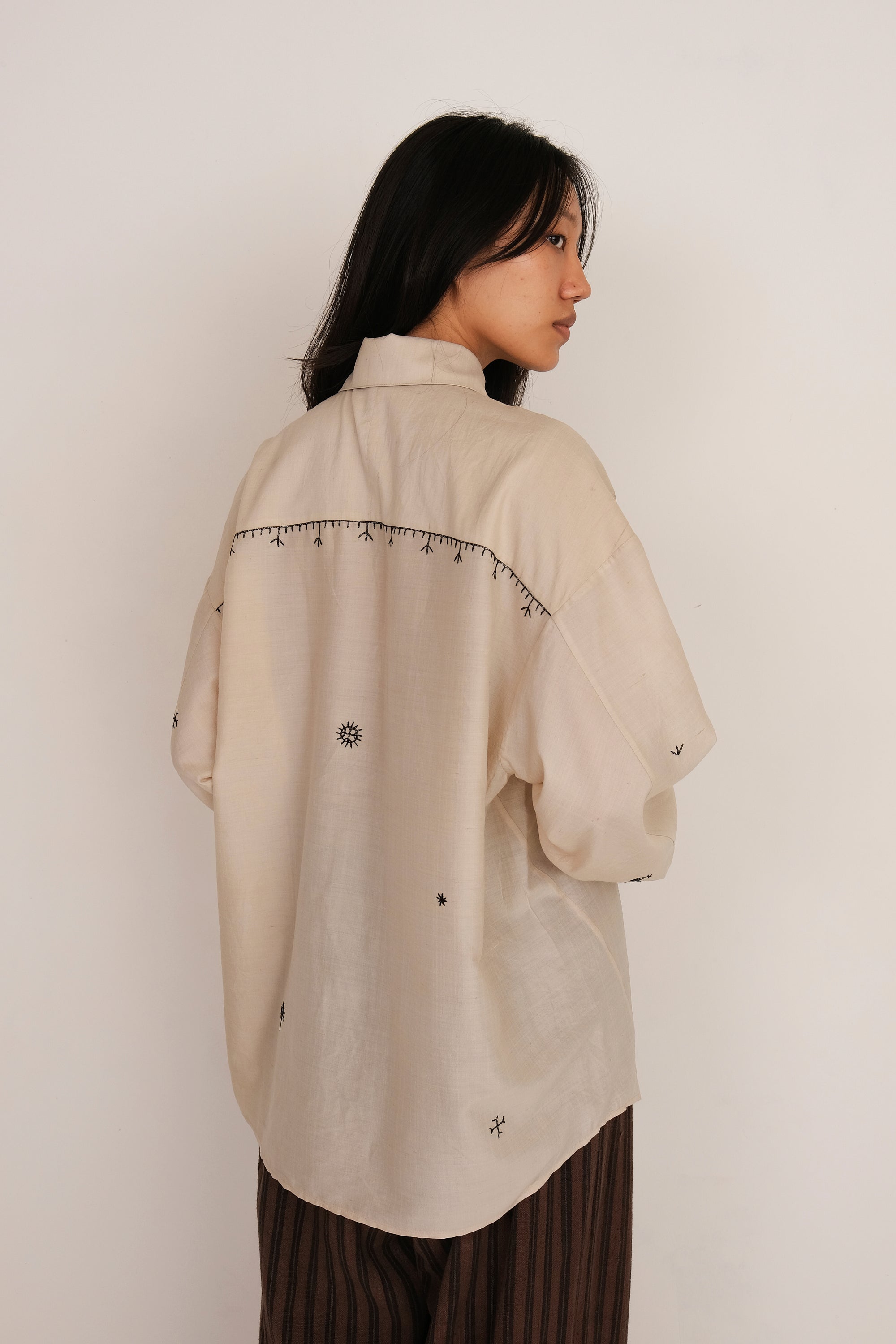 Ecru Cotton & Silk Embroidered Shirt