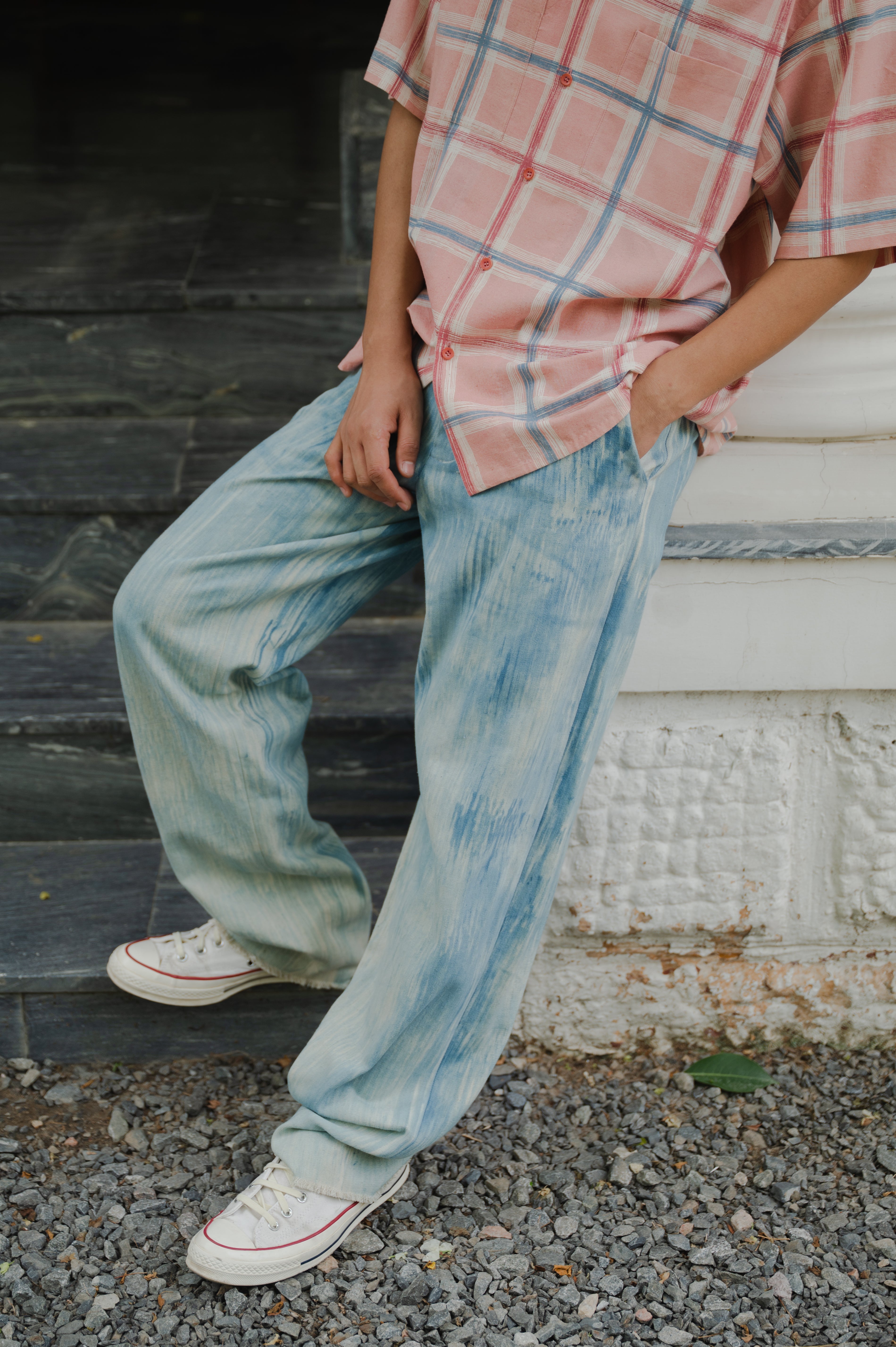 STRAIGHT FIT INDIGO BRUSHED TROUSERS