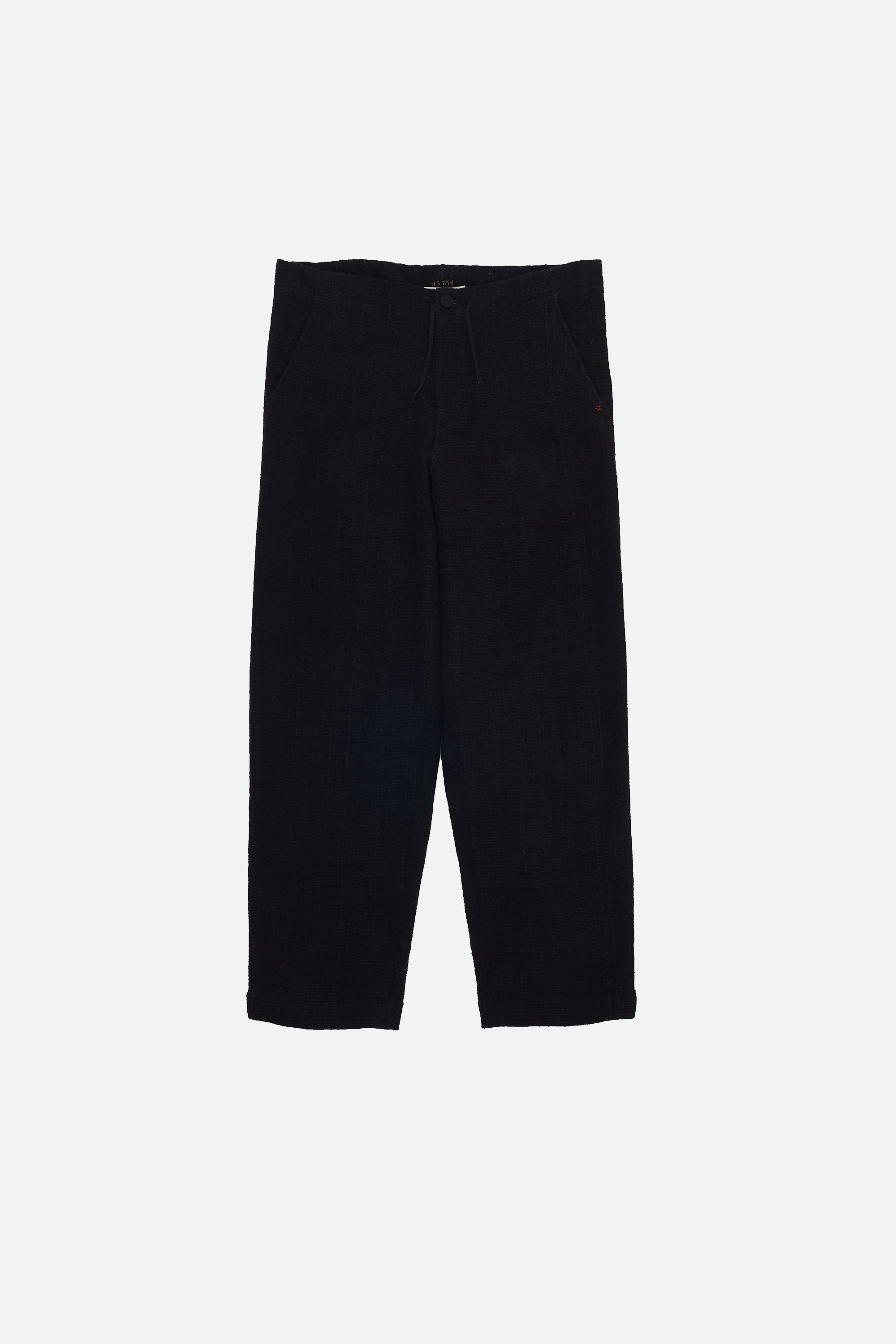 Front image of black cotton pant with drawstring