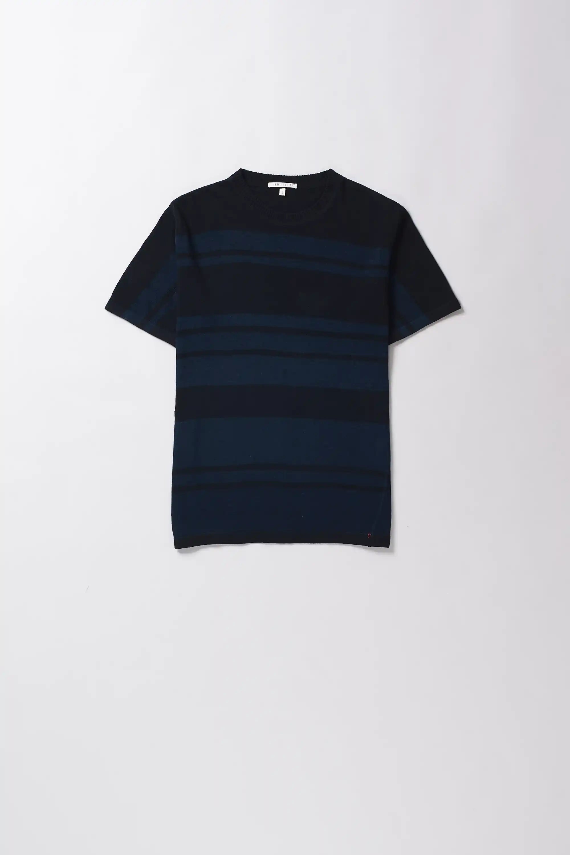 Black and navy striped t-shirt on a white background