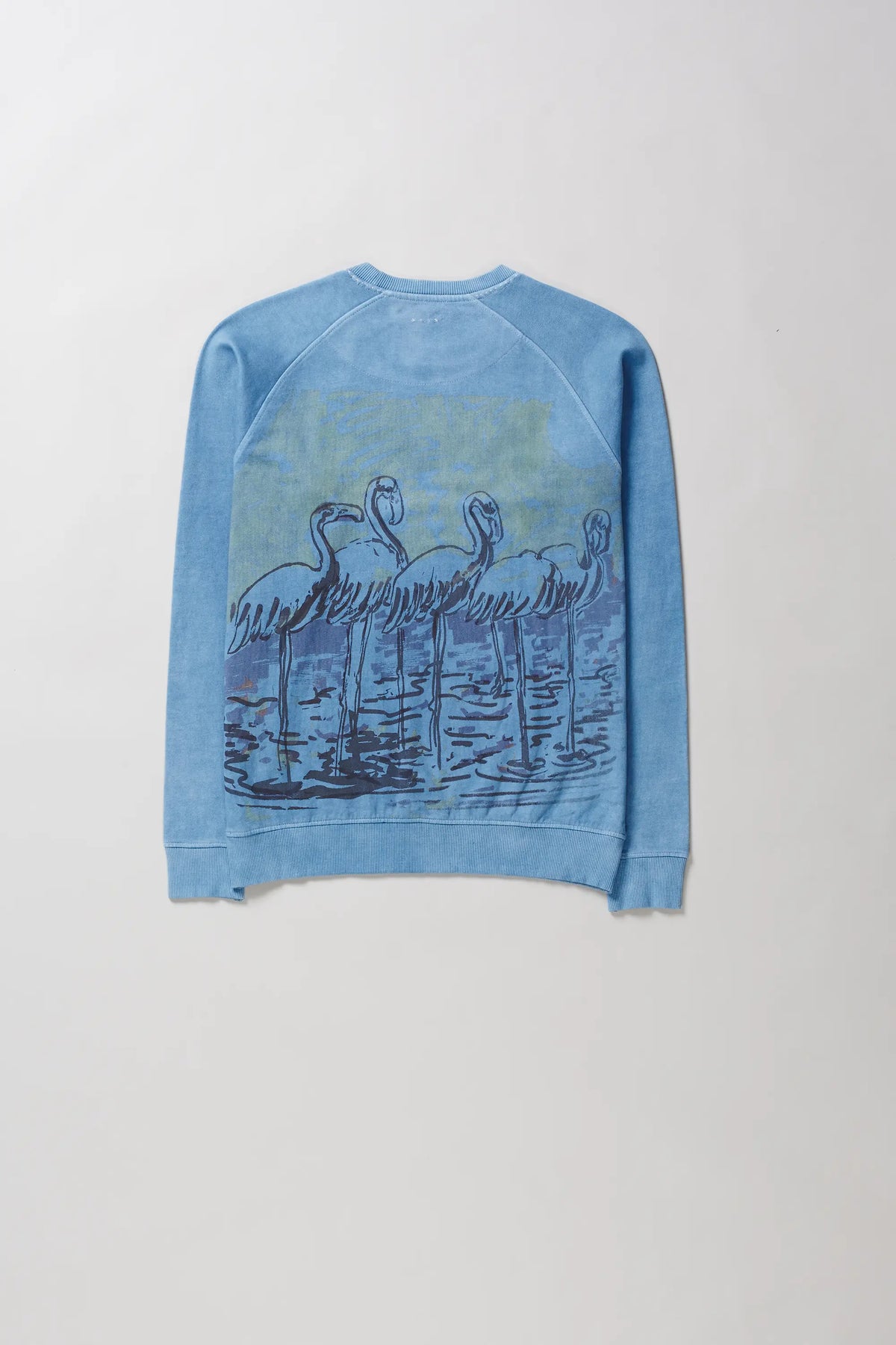 Back shot of blue crewneck sweatshirt shown from the back, featuring a graphic print of four flamingos standing in water on a textured background.