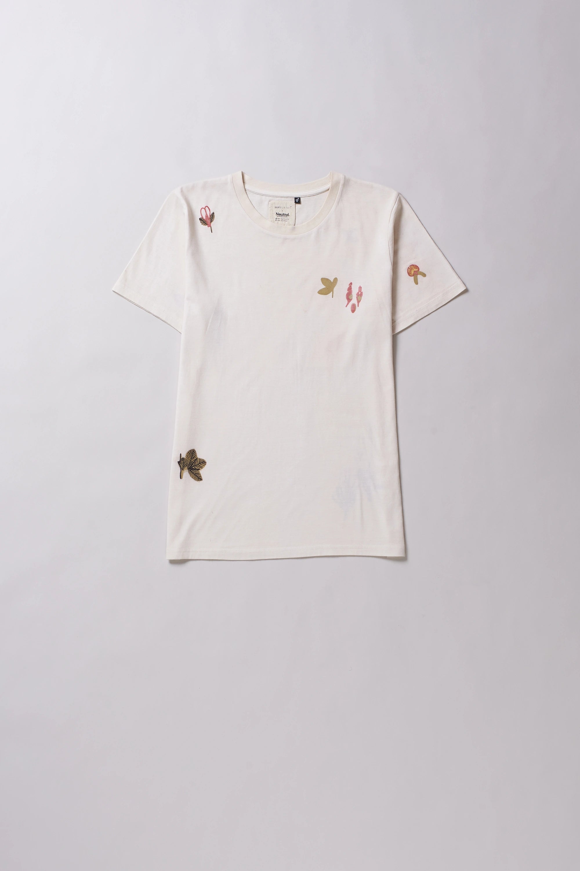 Front image ecru cotton t-shirt with floral hand paint artwork