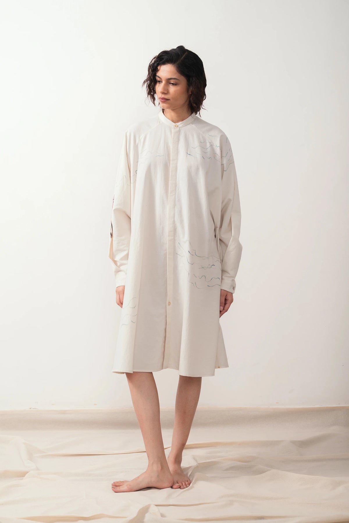 Handpainted Band Collar Shirt in Ecru