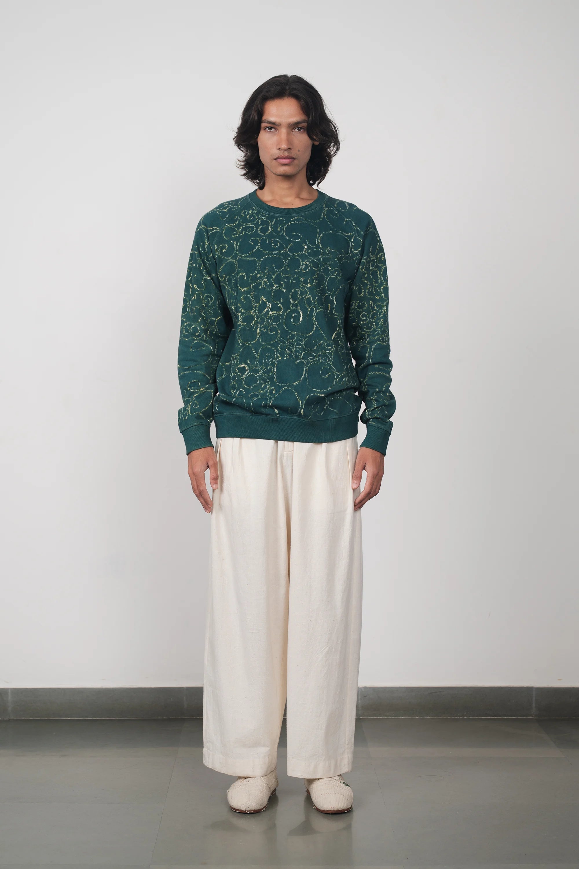 Bottle Green Sweatshirt with Bandhani and Shibori