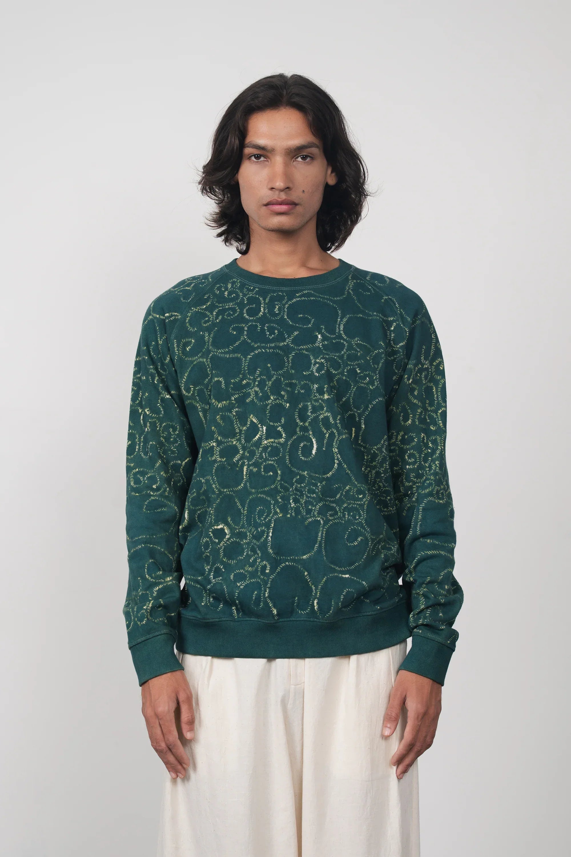 A man wearing bottle green cotton sweatshirt