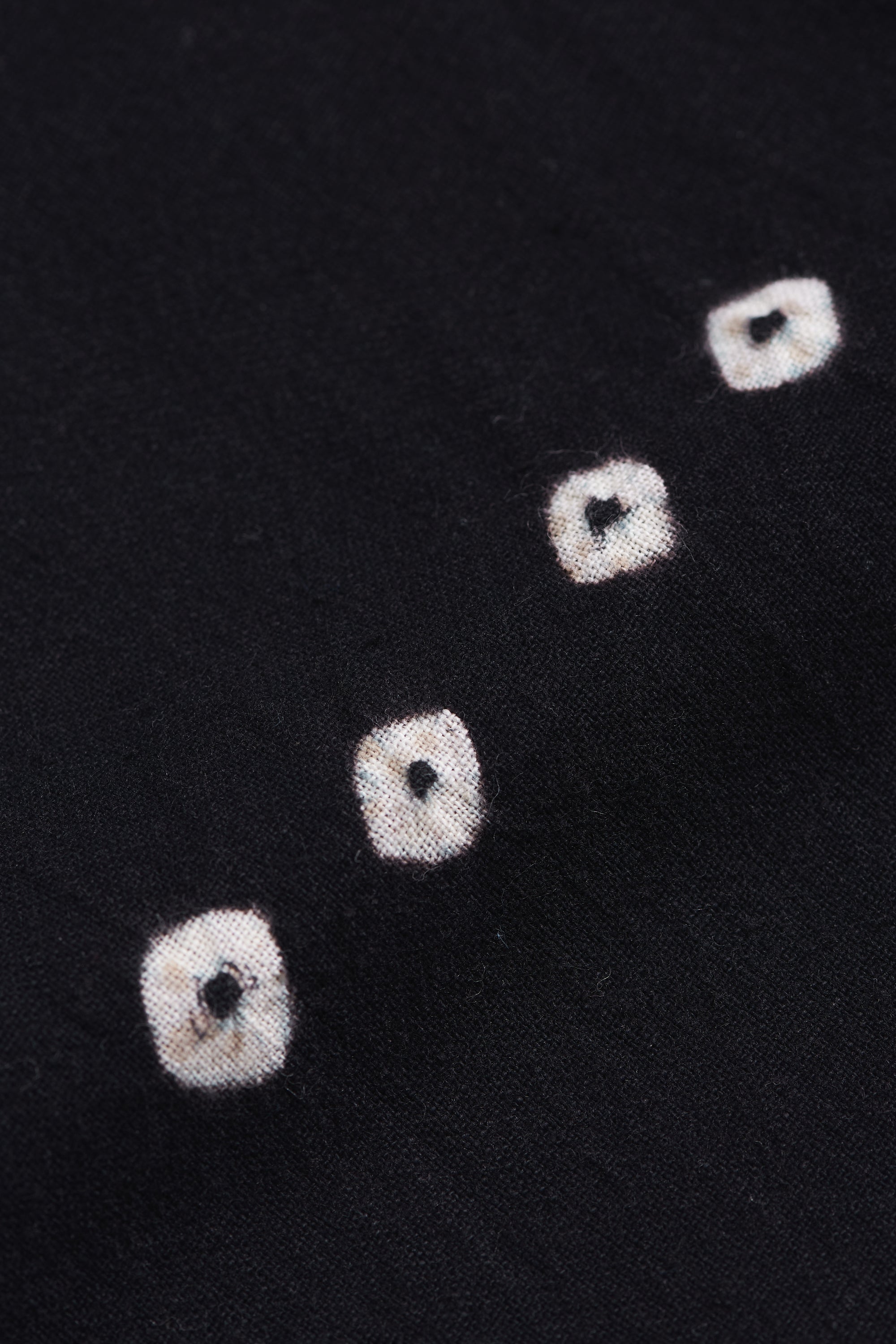 Close-up of black fabric with white embroidered flower patterns.