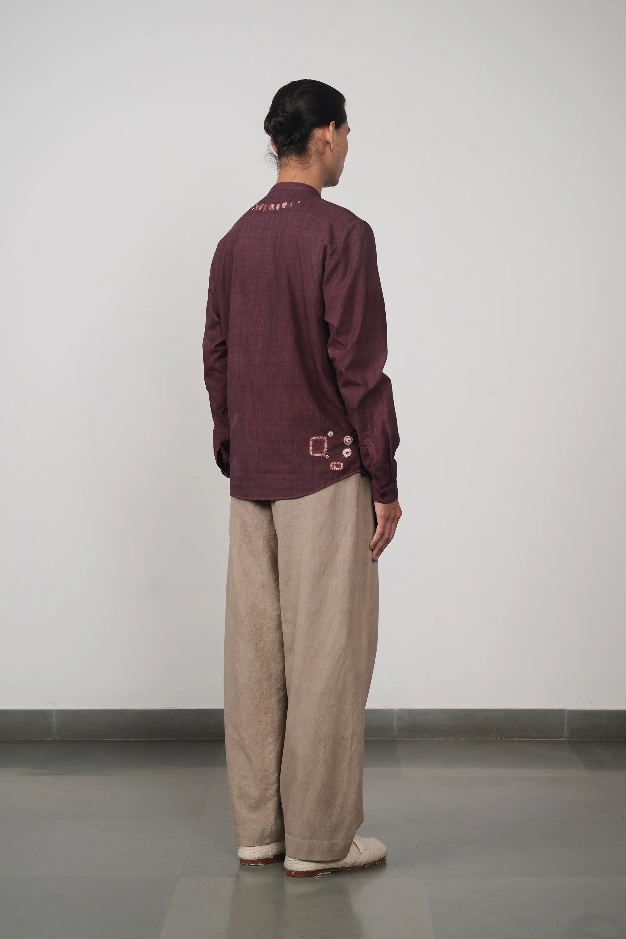 Purple Red Band Collar Bandhani Shirt