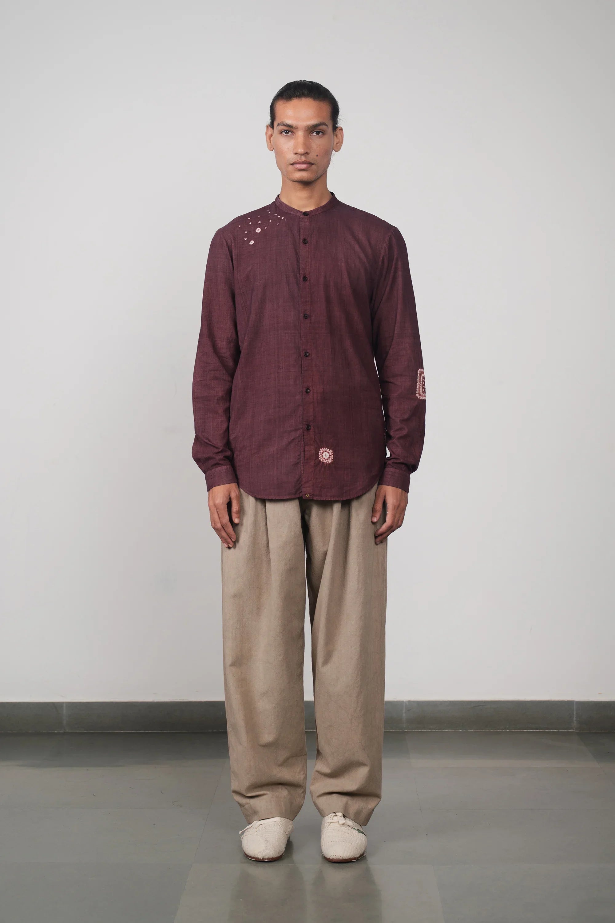 Purple Red Band Collar Bandhani Shirt