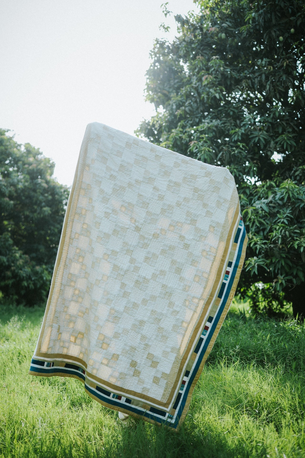 Hand Embroidered Patchwork Quilt in Shades of Ecru