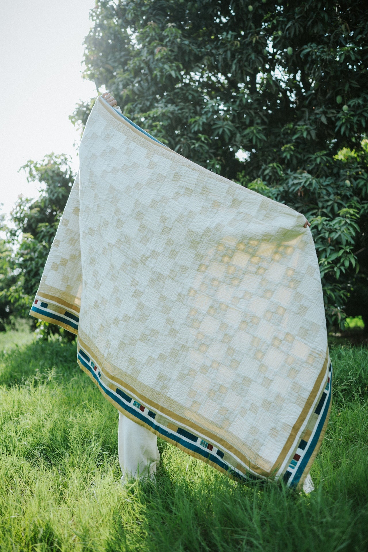 Hand Embroidered Patchwork Quilt in Shades of Ecru