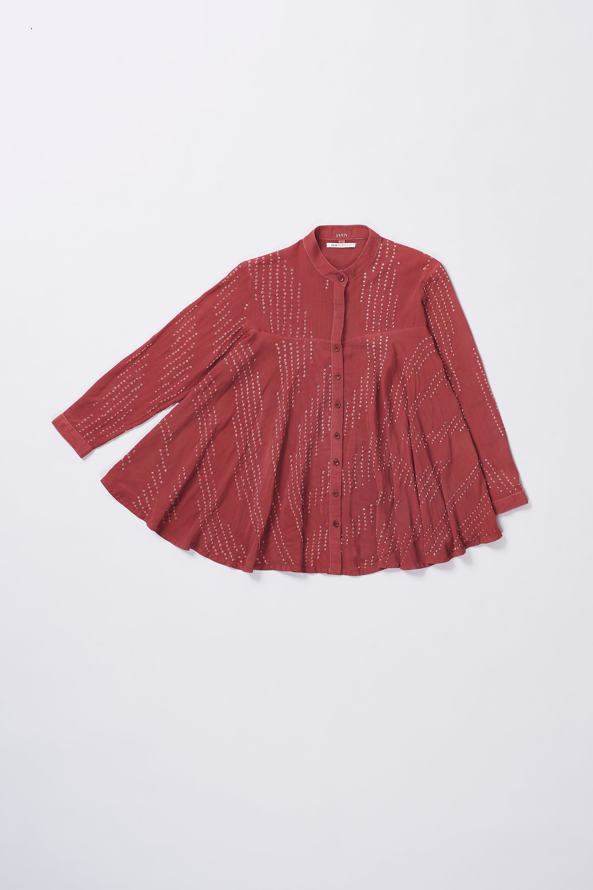 Crimsom Pink Crepe Silk Flared Shirt Featuring Miniature Bandhani