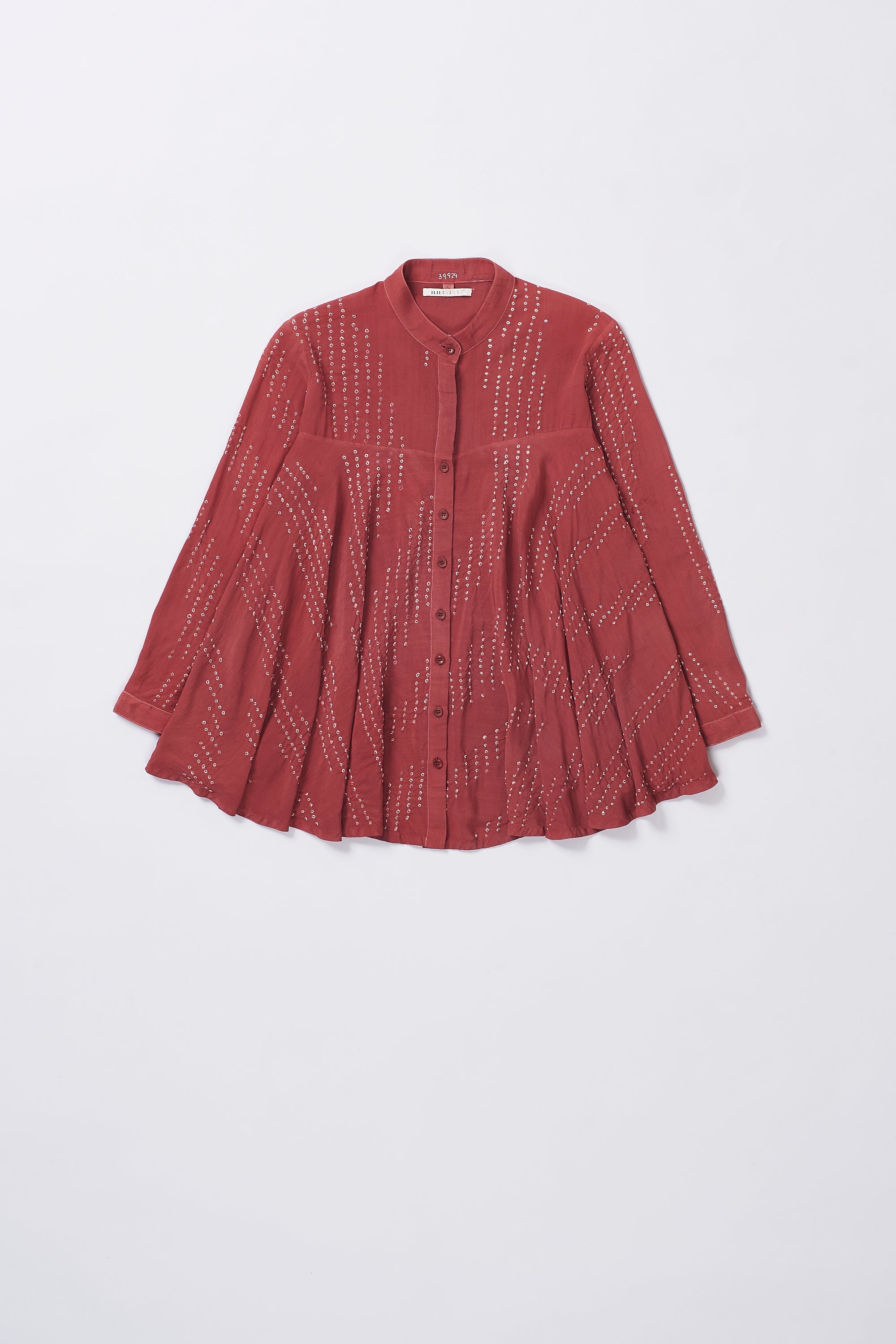 Crimsom Pink Crepe Silk Flared Shirt Featuring Miniature Bandhani