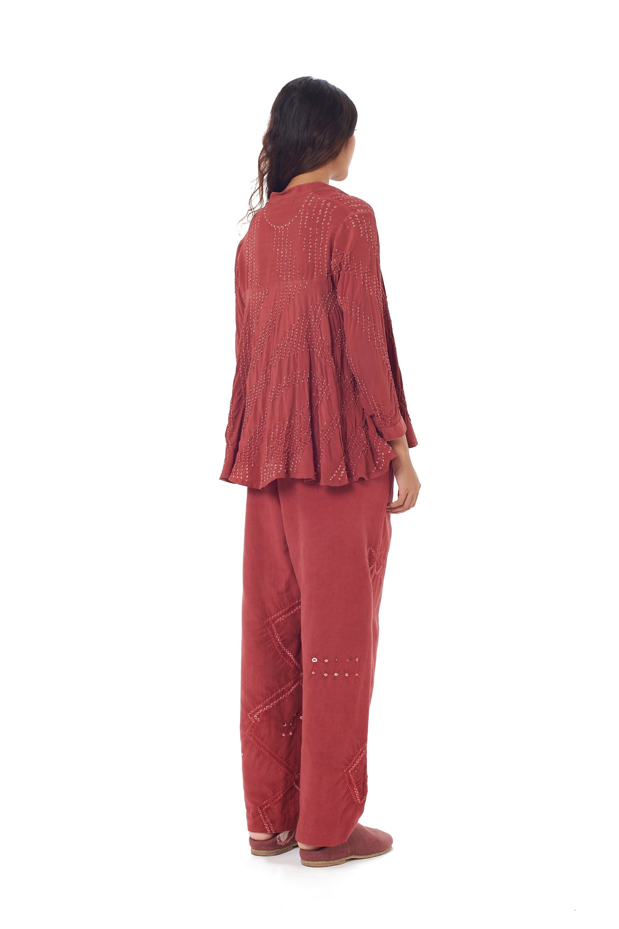 Crimsom Pink Crepe Silk Flared Shirt Featuring Miniature Bandhani